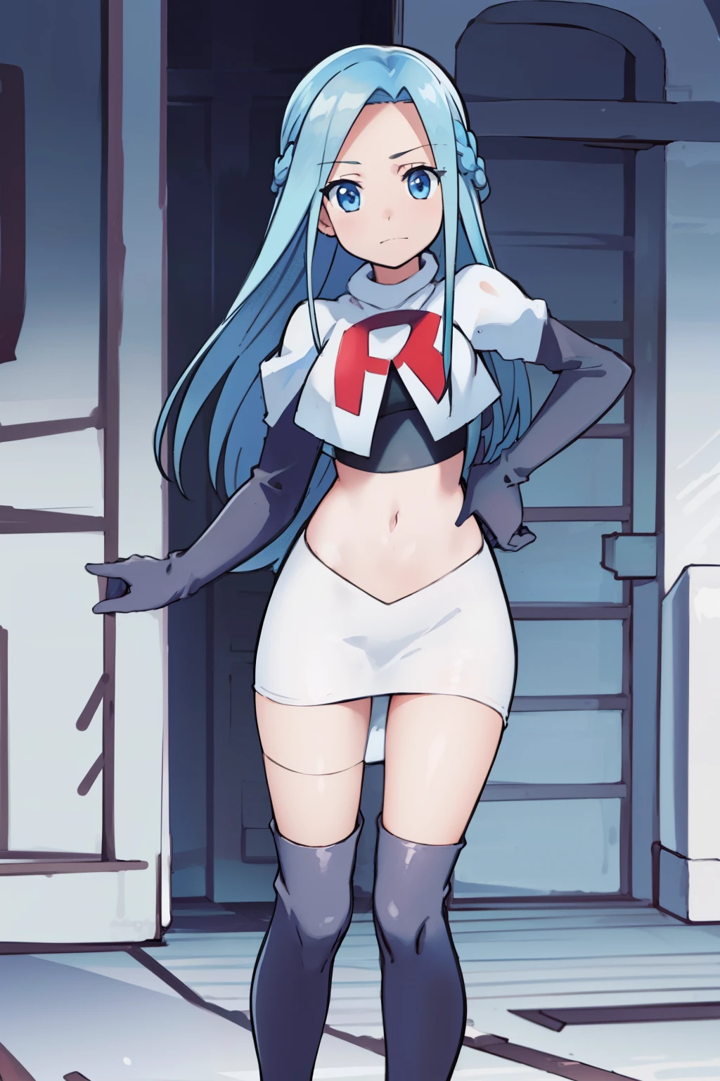 masterpiece, best quality, 1girl, solo, looking at viewer, , depth of field, (watercolor illustration, soft pastel colors:1.1), , olivia_servant, blue hair, blue eyes, team rocket,team rocket uniform,white skirt,red letter R,crop top,black thigh-highs,black elbow gloves,