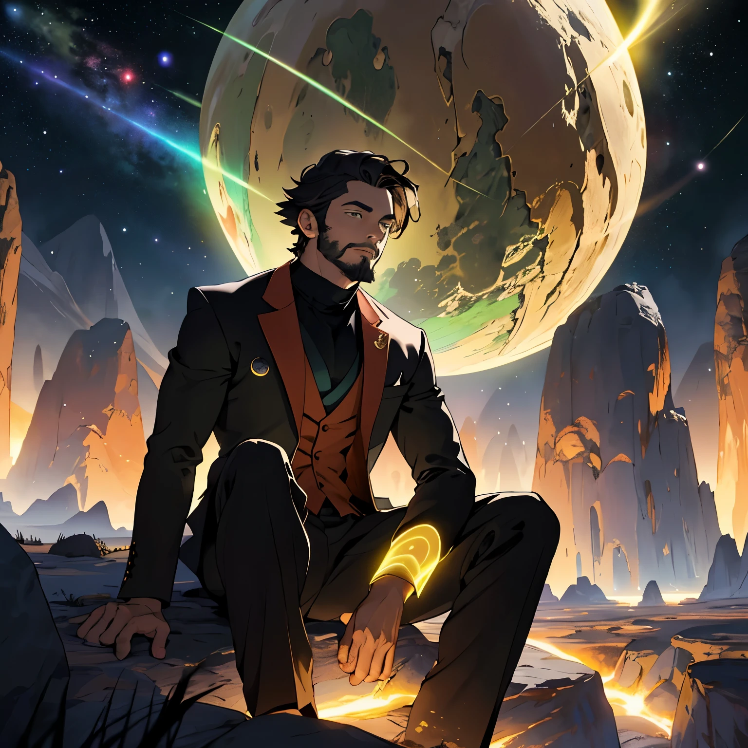 Draw a young indifferent man, sitting on a green rock floating in the middle of an asteroid belt. He is studying with a notebook, surrounded by several asteroids glowing with fiery auras. Dramatic lighting from distant stars and planets illuminates the scene, casting deep shadows on the suit. The young man looks confident and determined, looking at the vast and mysterious universe with wonder and respect, facial hair, cowboy shot,