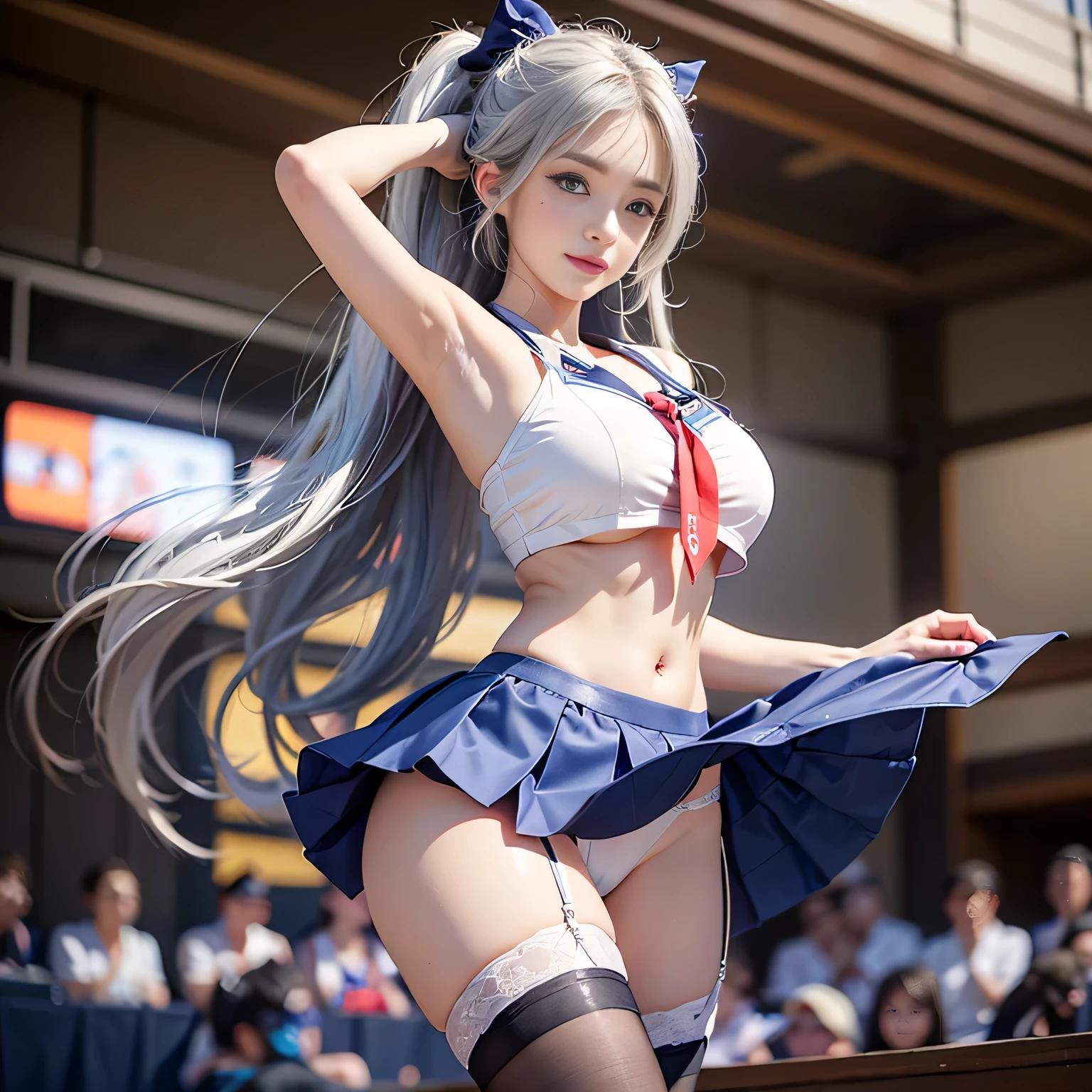 Blonde gray hair, straight hair, spread hair, long hair, Eyes sparkle, long eyelashes, blue eyes, compensate, smile, color field painting, modern art,double whirlwind pattern design clothes,iris heterochromatic pupil,((girl with silver ponytail))((off shoulderの白いセーラー服)),((red tie))、((Navy blue detailed flared miniskirt))((black stockings))((black high heels))、無料のHigh resolutionの写真,off shoulder、((nipple))、(puffy eyes:1.2)、 (slim legs),(Light shines on your face and chest)、(((((underboob)))))、lower chest、oily skin、skinny、 (the underside of the chest is slightly visible),(目に見えるunderboob、I can see your belly button and ribs)、Hip bones and lower abdomen are visible、Flared skirt in navy blue、(lift the skirt),((You can see her white thong pants)),((Milky Way galaxy in the background))、 Northern Renaissance, blurry, blend, from below, From the side, panorama, ultra wide angle, wide angle, f/1.8, 135mm, canon, nffsw, retina, table top, elaborate, anatomically correct, skin texture, Super detailed, high detail, high quality, High resolution, 1080P, hard disk, 4K, 8K, 最high qualityの, sexy pose , ((Cheerleader)), serafuku, Japanese school sailor suit, dark blue pleated skirt:1.27), (from below, White string, 1.24),(最high quality)、 (masterpiece)、(Professional lighting with fewer shadows)、 (surreal)、 (perfect anatomy)、 (in front of the camera、There are two women、Bangs and forehead、And moles under the eyes), (bright, plat, White skin without wrinkles or unevenness:1.5), (Beautiful blue eyes with long eyelashes and red tear bags:1.5), (in front of the camera誇らしげに胸を突き出す2人.:1.2), (Another person on the other side、Turned back with arched hips)、