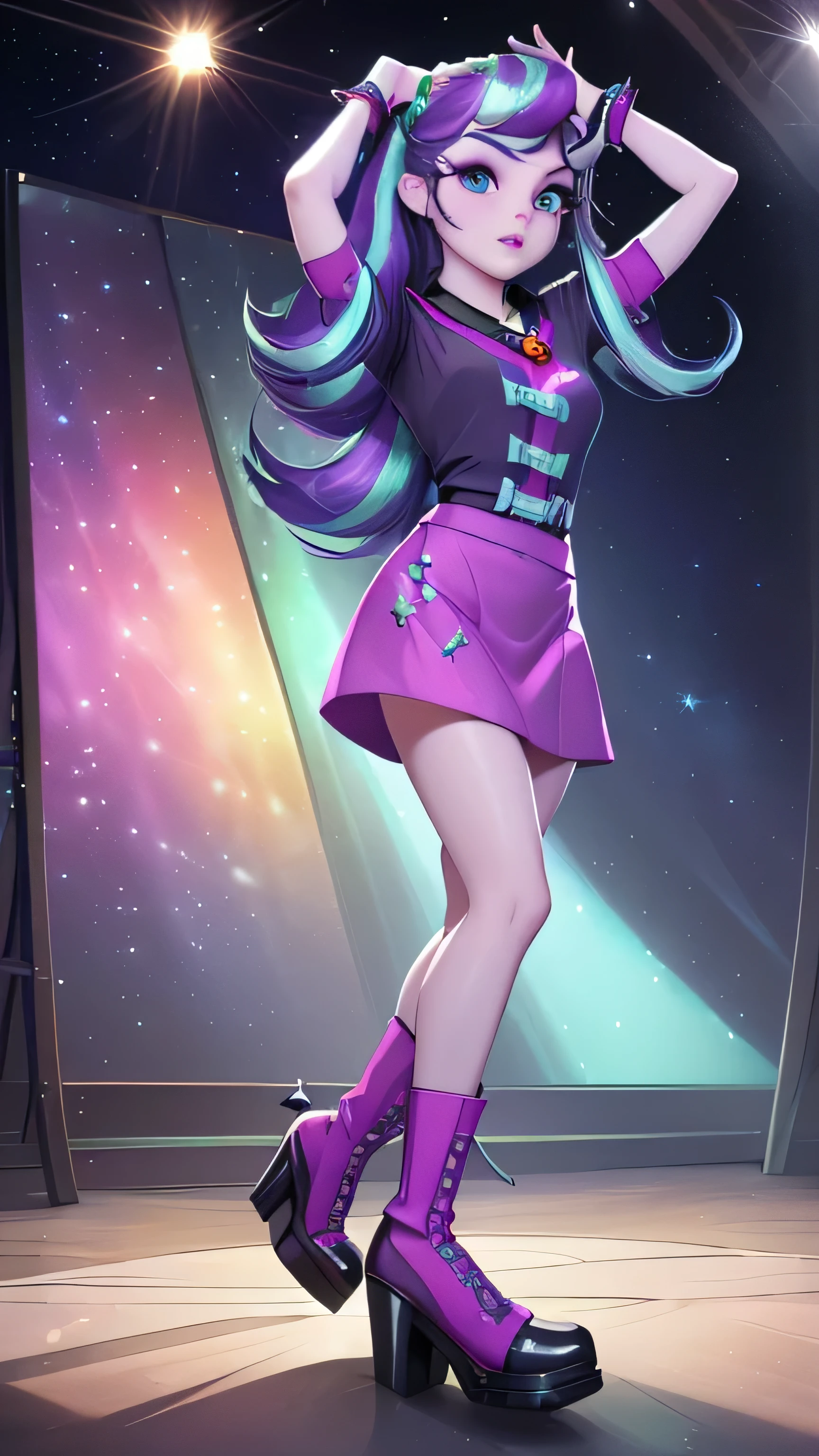 (best quality,4k,8k,highres,masterpiece:1.2),ultra-detailed,(realistic,photorealistic,photo-realistic:1.37),Starlight Glimmer (human),wardrobe fusion,combination of her own clothing and Sonata's,(vivid colors,bokeh) outfit,fashionable clothing fusion,glamorous attire,stylish ensemble,(portrait:1.1),(2girls:1.1),(beautiful detailed eyes,beautiful detailed lips,extremely detailed eyes and face,longeyelashes),feminine charm,charismatic expression,confident posture,(medium:1.1) (cap:0.9),(miniskirt:0.9),(collar with ruby gem:0.9),(low boots:0.9),(highheels:0.9),(starlight glimmer hairstyle),(dazzling accessories,sparkling accessories),(magical lighting,starry lighting),(radiant backdrop,sparkling backdrop),(stunning visual effects),(graceful movement),(colorful atmosphere)