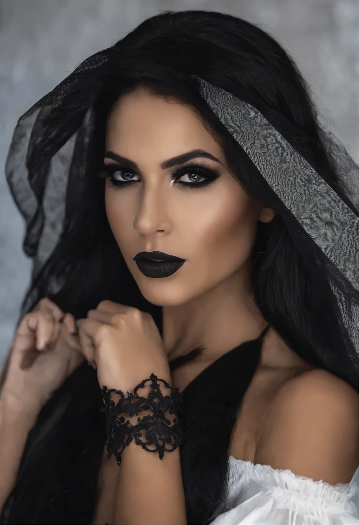 Mulher com rosto da Fernanda Lira Crypta, seios aparecendo, de calcinha preta, sexy, Gothic style, cabelos pretos, looks directly into the camera, No quarto, medium breasts