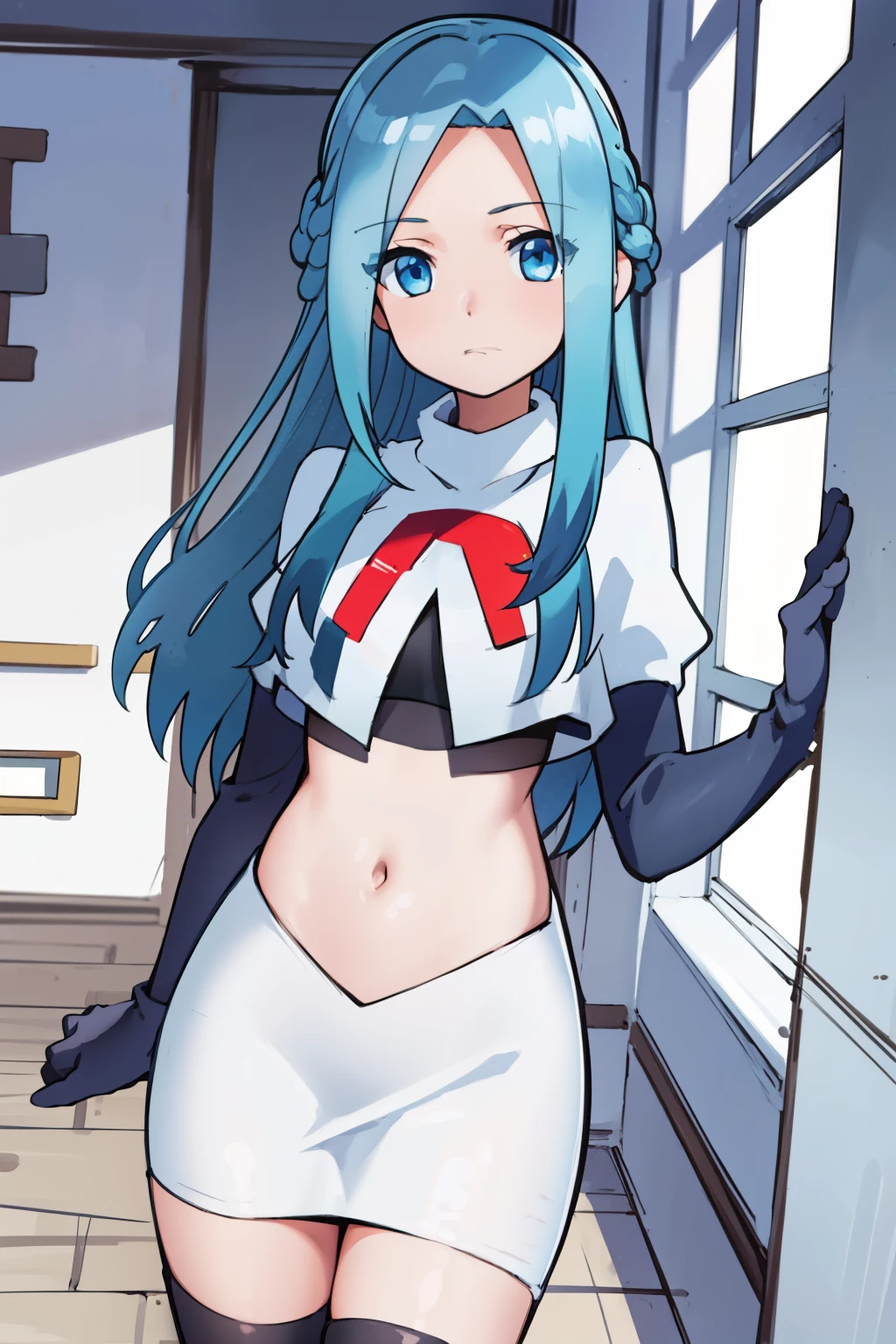 masterpiece, best quality, 1girl, solo, looking at viewer, , depth of field, (watercolor illustration, soft pastel colors:1.1), , olivia_servant, blue hair, blue eyes, team rocket,team rocket uniform,white skirt,red letter R,crop top,black thigh-highs,black elbow gloves,