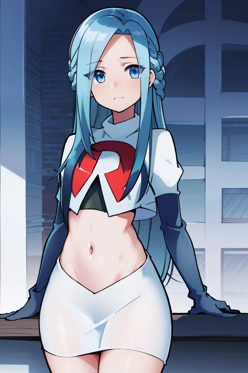 masterpiece, best quality, 1girl, solo, looking at viewer, , depth of field, (watercolor illustration, soft pastel colors:1.1), , olivia_servant, blue hair, blue eyes, team rocket,team rocket uniform,white skirt,red letter R,crop top,black thigh-highs,black elbow gloves,