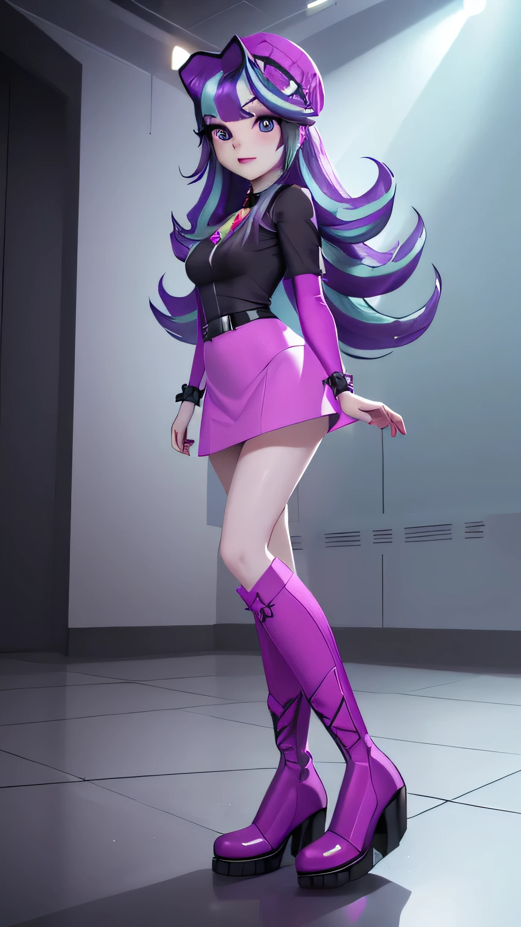 (best quality,ultra-detailed,realistic:1.37) Starlight Glimmer, a human character from the animated series, purple skin, wearing a meticulously crafted outfit that combines elements from her own wardrobe and Sonata's. The outfit consists of a stunning tight skirt, a stylish cap that adds a touch of charm, an elegant collar that enhances her neckline, and a pair of sleek boots that perfectly complement her ensemble. Starlight Glimmer is seated, with a mesmerizing front view that captures the depth of her expression and personality. The scene is set against a backdrop of a serene and enchanting environment, with soft, diffused lighting that highlights the subtle details of her attire. The colors of the artwork are vibrant and rich, adding depth and visual appeal to the overall composition.