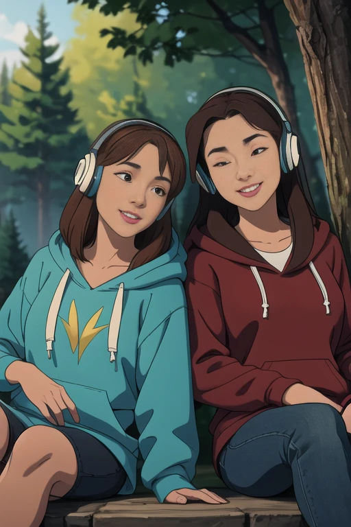 masterpiece, realistic, photography, best quality, 4k utral detailed, two women listening to music, wearing headphones, sharing, relationship, relaxed face, smiling, looking at each other, wearing hoodies, outside, trees in background, laying next to each other, side by side, long brown hair