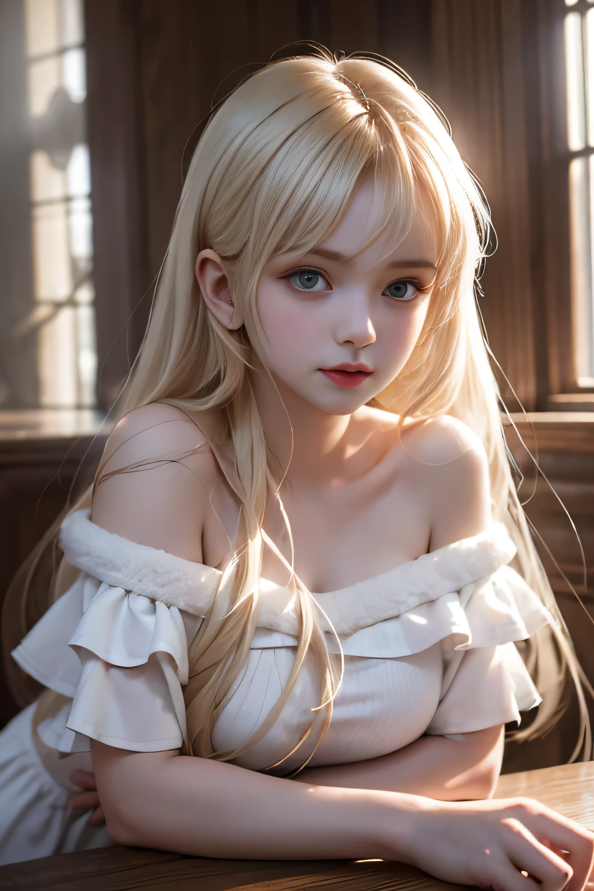 bright look、young shiny glossy white shiny skin、Best Look Rondo Reflective Light、Platinum blonde hair with dazzling highlights、shiny bright hair,、super long straight hair、Shining beautiful bangs、輝くクリスタルクリアな魅力的な大きな青いeye、very beautiful lovely cute 16 year old girl、rich bust,美しく細かいeye, beautifully detailed nose,(( whole body:1.5)),eyeが強調するメイク、,(A woman like Joan of Arc)、royal style，comic style, , scattered below the surface, gorgeous details, nature background, super huge breasts, ((cinematic)), dramatic lighting, table top、((Off-the-shoulder white shirt dress:1.4))、((Fight on the battlefield))、(Loose and fluffy perm:1.4)、1 girl、((bob hair:1.3))、Ultra-realistic 8k CG, 絵に描いたようなperfectionな顔, perfection, clean, table top, professional artwork, famous works, perfectionな顔, beautiful face, 美しいeye, ((perfectionな女性の体)), alone,(Immersive atmosphere, chiaroscuro:1.5,bright light:1.2,bright lighting),(blush:0.5),fascinating look,very detailed_eye,thick thighs,big,Beautiful and detailed background,written boundary depth,realistic:1.3, long shot,sitting, whole body, (ambient light:1.3),(cinematic composition:1.3),(neon light:0.1),(nffsw:0.1),accent lighting, pantyhose,