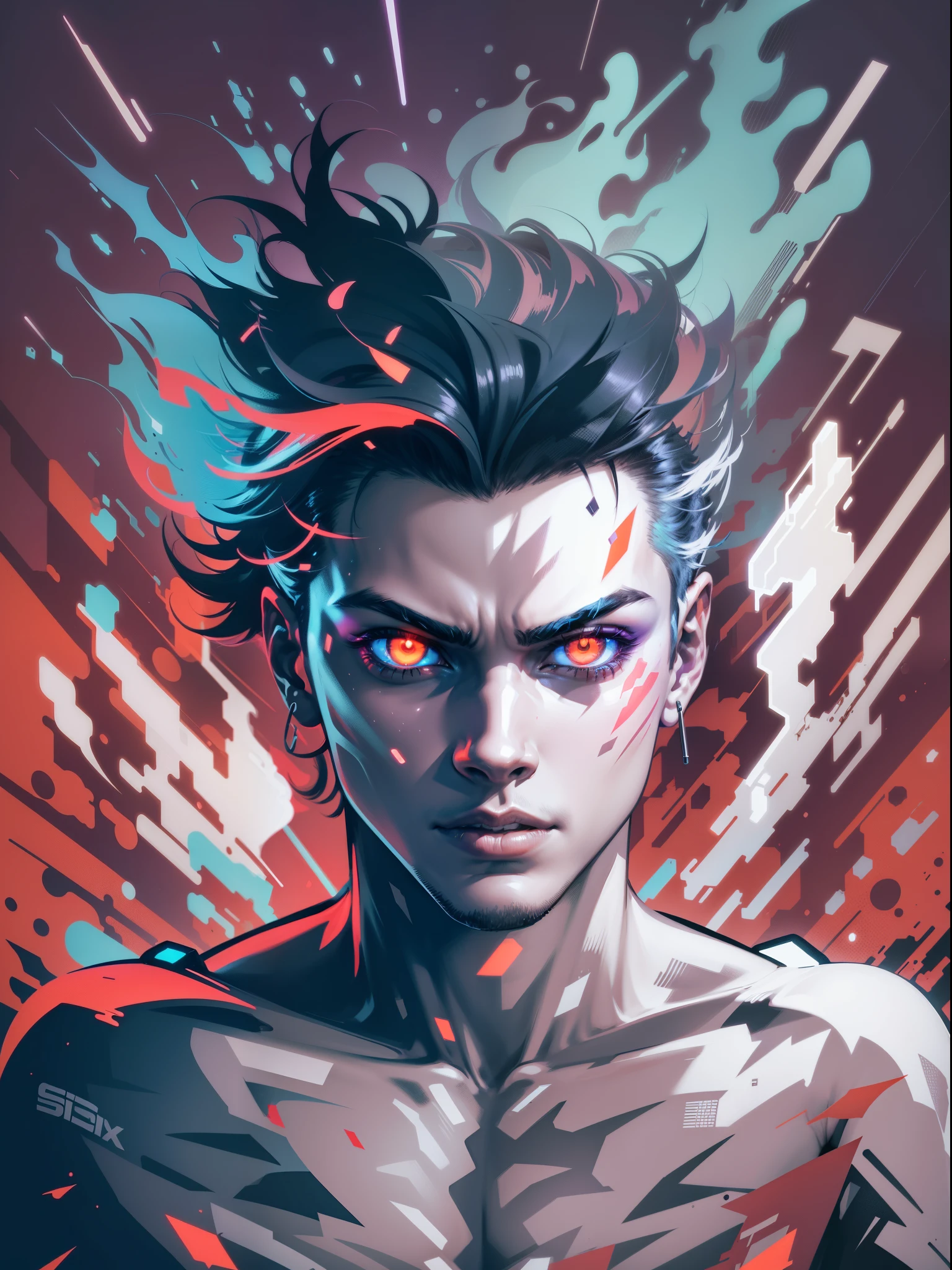graphic design t-shirt, flat design, futuristic cyberpunk boy in mix of tones, topless, topless, flashing , big , metal skin, laser beams, purple emissive eyes, colorful tones, clean highly detailed, vector image, smoke explosion, simple background, flat white background, bright vector ((white background) )
