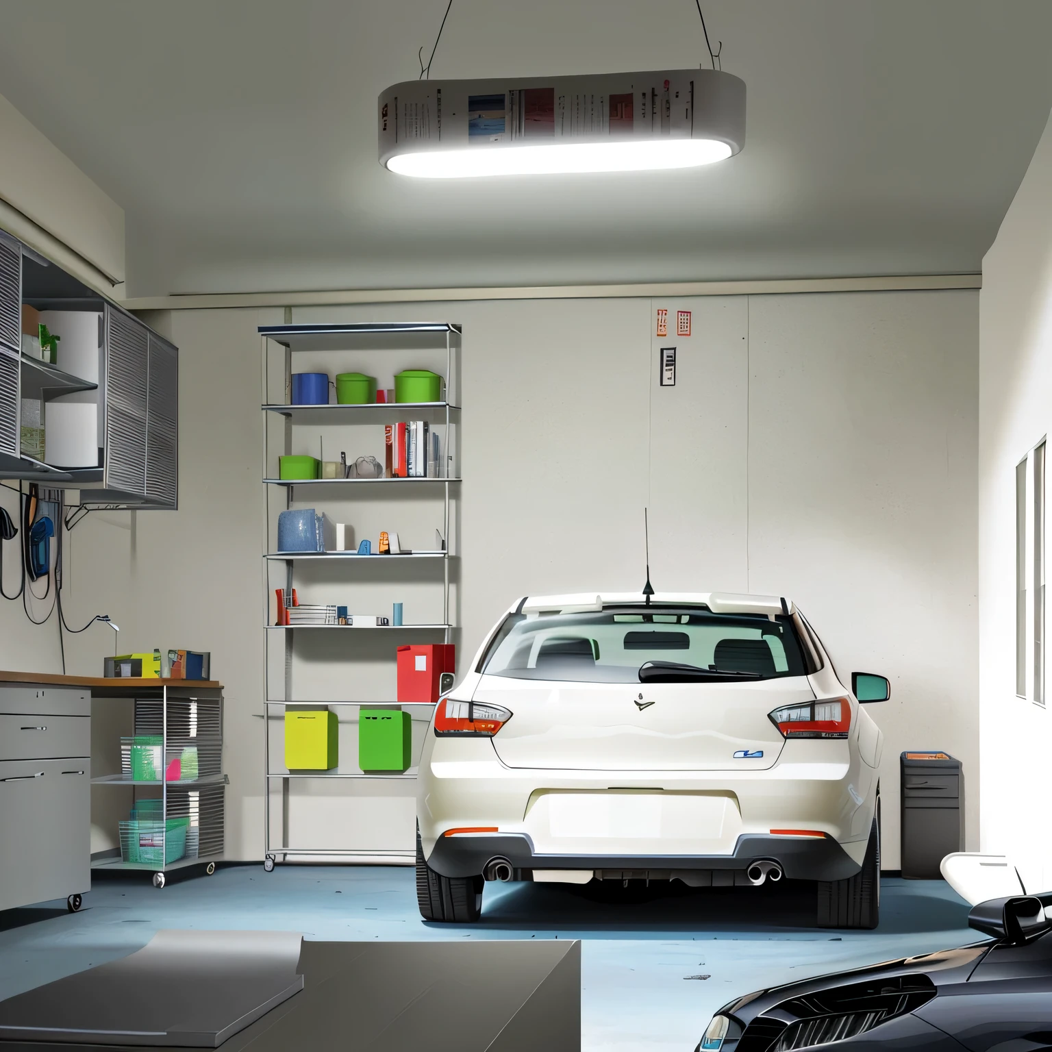 car garage里停着一辆车,There is a bookshelf in the car。 car garage, car garage, Volume Light - s 1 5 0, inside of a tokyo car garage, diffuse over head lighting, Volumetric lighting — w 0, 天花板Sunlight light, Volumetric interior lighting, LED lighting, over head lighting, The interior of a small room, 昏暗的Sunlight light, Sunlight light