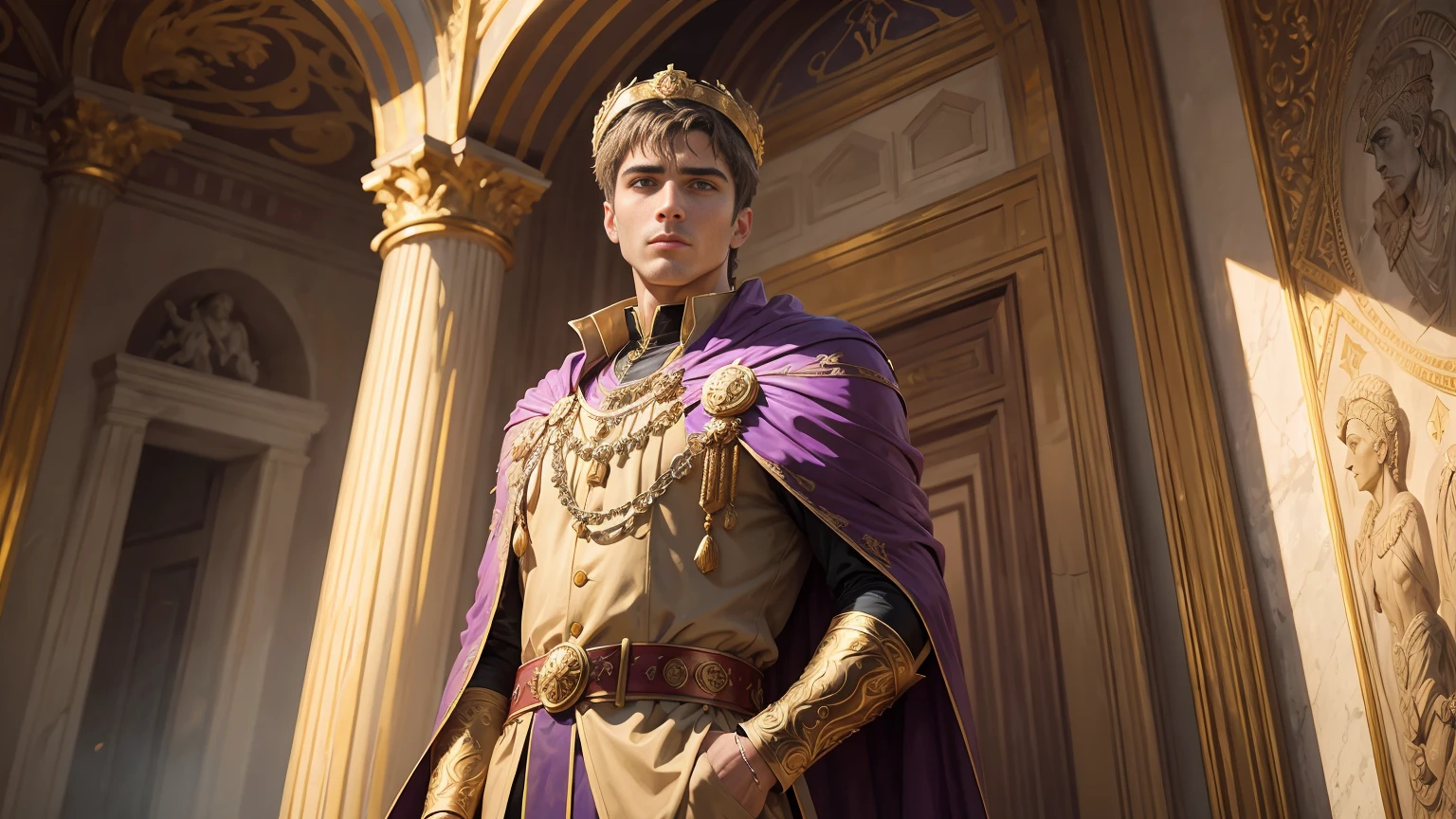 constantine the great, portrait, oil painting, roman empire, historical figure, detailed face, intense gaze, strong jawline, golden crown, purple robe, confident stance, marble palace, intricate mosaic floor, imposing columns, dramatic lighting, vibrant colors, grandeur, monumental, imperial power, regal aura