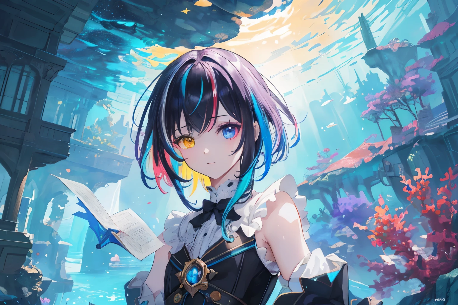 {{masutepiece}}, Best Quality, the Extremely Detailed CG Unity 8K Wallpapers, Cinematic lighting, Lens Flare, Beautiful detail eyes, Black, side glance, Multicolor Hair, Colorful light, Particle, Heterochromia, (Colorful:1.5), (Colorful hair:1.5), Generate a high-quality illustration of a boy or girl discovering treasure on the ocean floor. Craft a masterpiece with meticulous attention to detail, capturing the overall nostalgic and fantastical ambiance of the scene. Emphasize the sense of wonder and excitement as the young character stumbles upon the hidden underwater treasure. Aim for the best possible quality, delivering a visually enchanting and emotionally resonant composition best quality, masterpiece