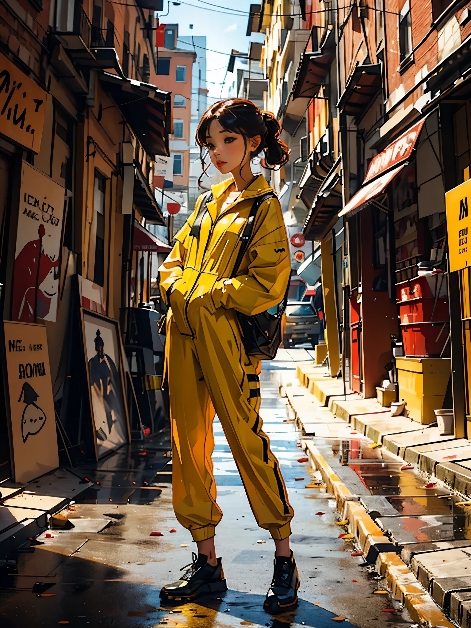 full body photo, 1girl, wear yellow jumpsuit with black stripes
