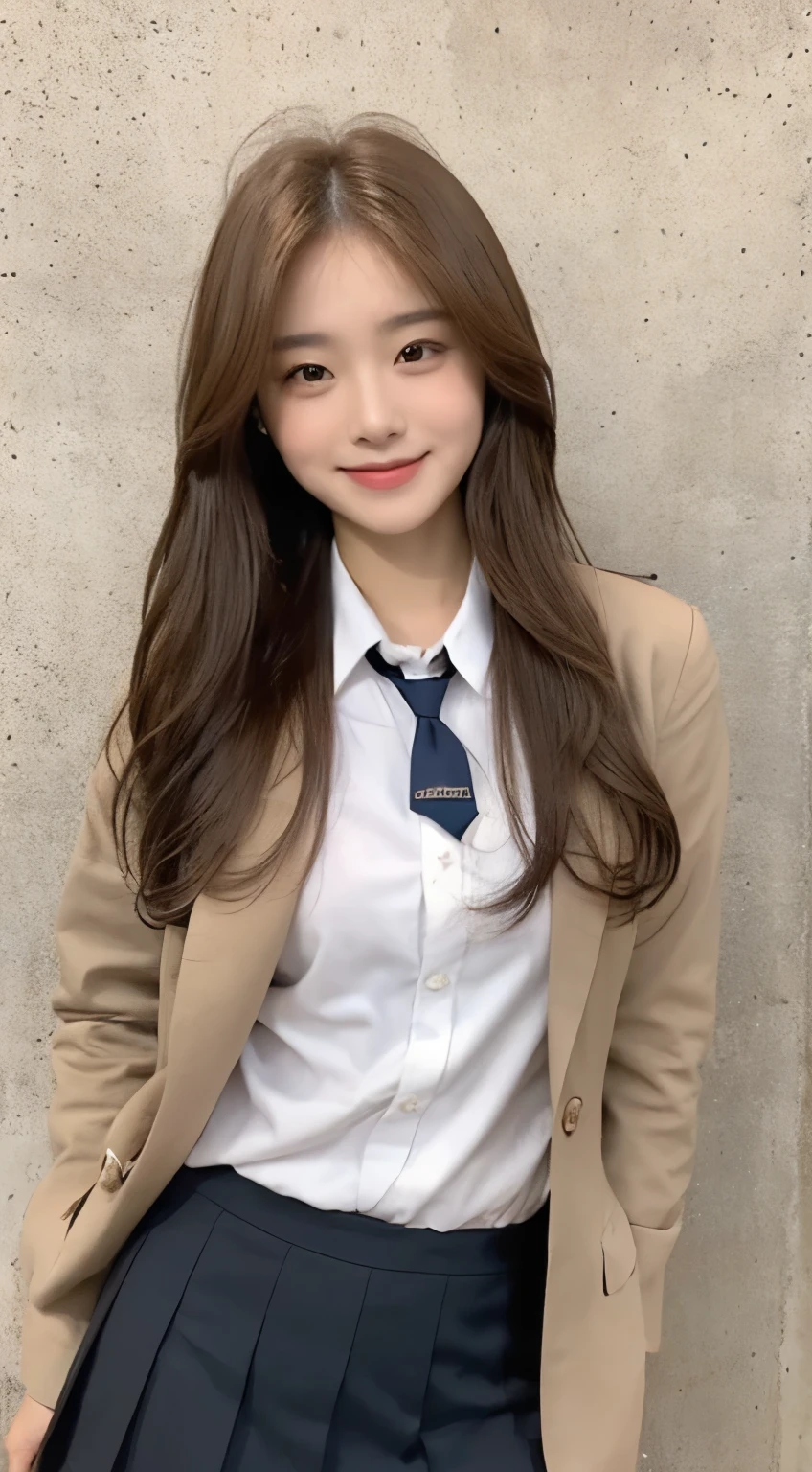 (Masterpiece, best resolution: 1.2), (brown eyes), seduction, smile, long brown hair, small breast, high-definition facial features, 8K, double eyelids, delicate facial feature, studio, full body, plain concrete wall background:1.1, photoshoot, wide shot, random pose, navy School Uniform Blazer、Long sleeve shirt worn by Japan high school girl、neck tie、Dark blue mini skirt,