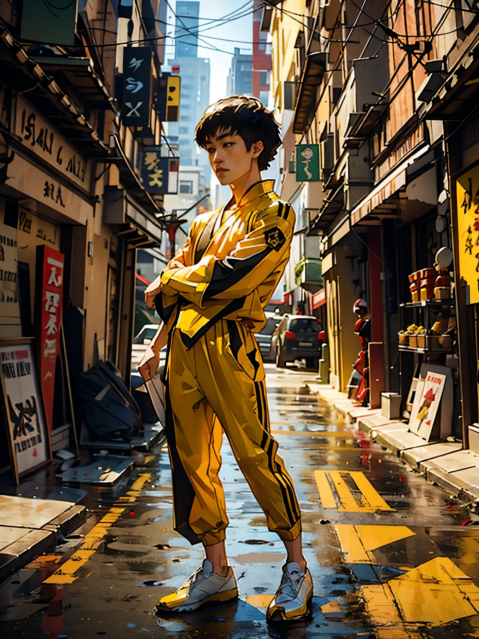 full body photo, wear Bruce Lee yellow jumpsuit with black stripes