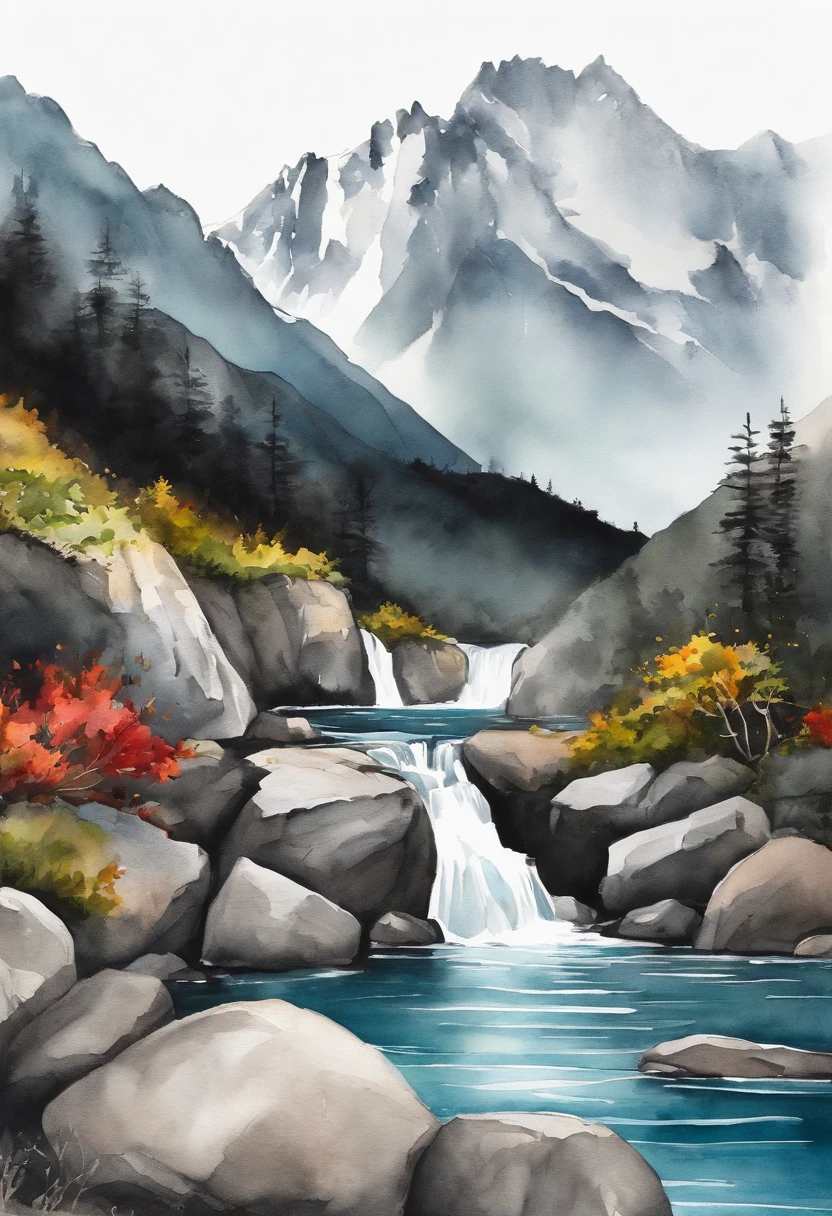 mountain natural scenery, ocean, waterfall, Watercolor, black and white outline, Coloring, white background, Draw a line