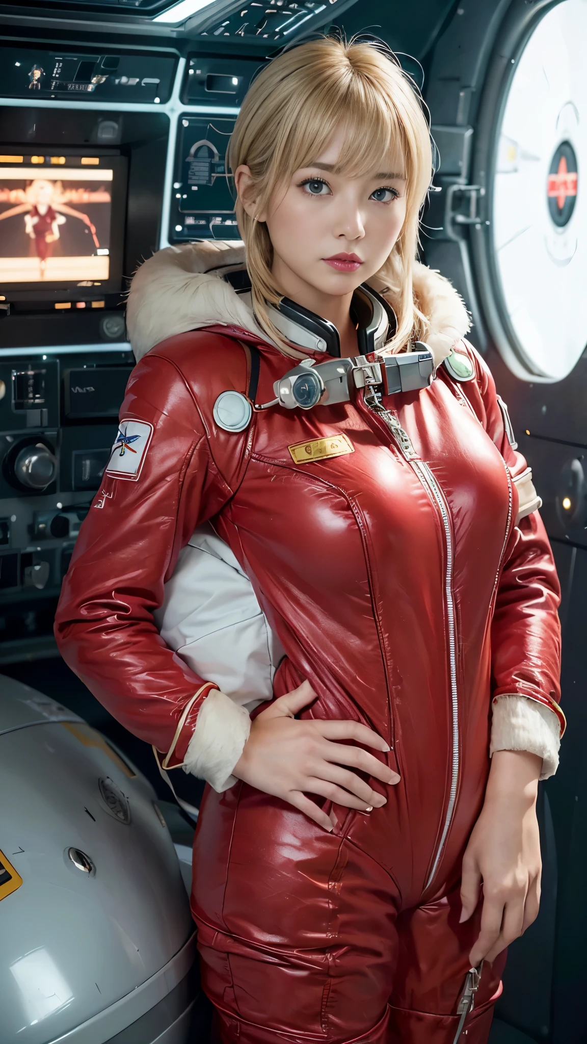 (hyper real)、future female pilot、
Huge　Beautiful woman　High level image quality　High resolution　realistic　short hair　blonde、　blondeの女性、mature woman、middle-aged women、((big big skin texture、超High resolution、realistic、Chubby body type、angry face、beauty of middle age、beautiful expression、Detailed green ironed fluffy hair、Kamimei、Very delicate and delicate skin texture、３５A woman piloting a giant space station)、female pilot batlight red lips、((Wear a red flight suit))、(((alone)))、