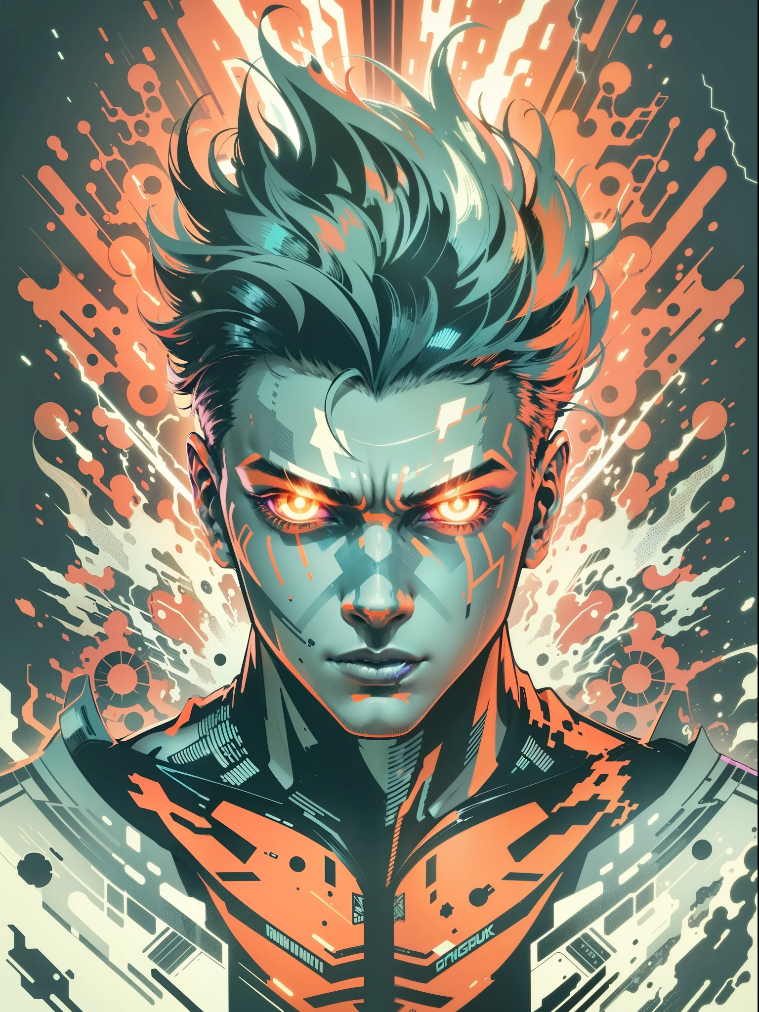 graphic design t-shirt, flat design, futuristic cyberpunk robot in mix of tones, ,, sexy body, , flashing , big , metal skin,metal , laser beams, purple emissive eyes, colorful tones, clean highly detailed, vector image, smoke explosion, simple background, flat white background, bright vector ((white background) )