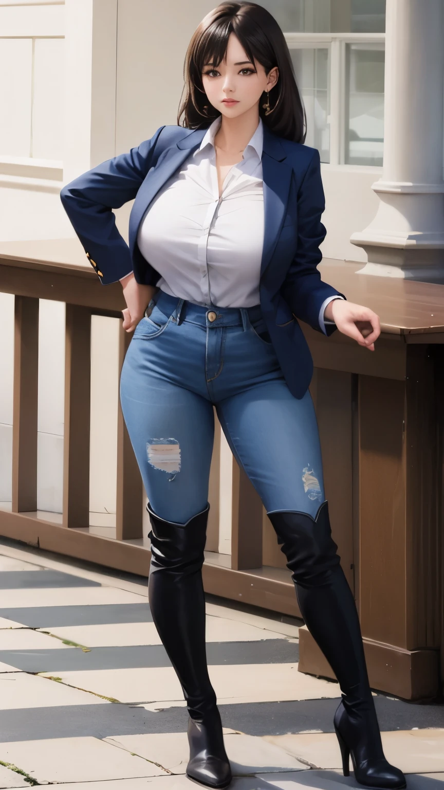 1girl, huge , suit jacket, Denim pants, thigh boots