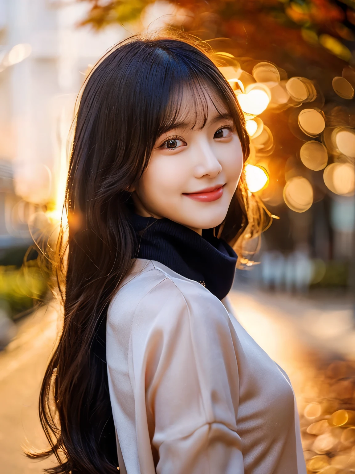 (cute beautiful girl, soft focus, best dynamic angle, sunset backlight effects, high aesthetic, best quality, masterpiece, extremely detailed:1.2), (SFW), BREAK, girl has healthy skin and pretty smiling beauty neat face and glossy lips and silky bobbed softy black hair and glamor feminine busty body and there with extremely details and beautiful and charming and silhouette, fashionable chic outer coat and turtleneck-sweater and pants, tree-lined avenue, autumn, evening with sunset sky, blown wind