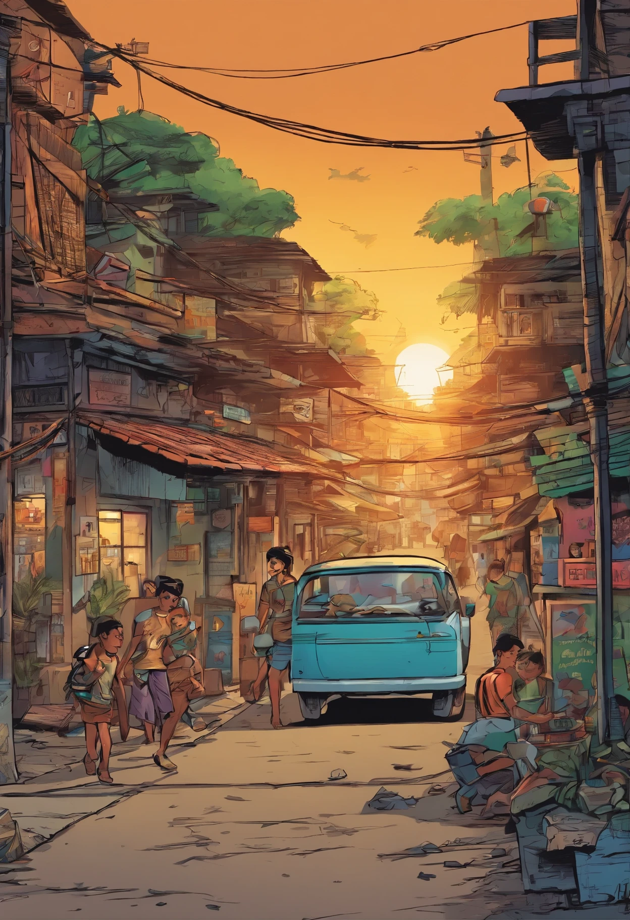 masterpiece, best quality, Slum City, Indonesia, Sunset,A family of three on the road,poverty