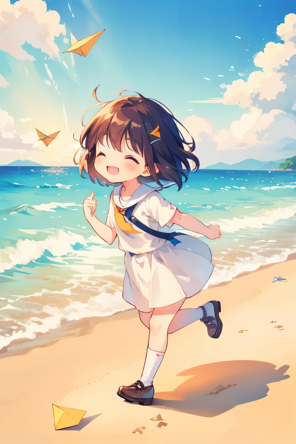 small child outdoors,portrait of a full body,5years old,((paper airplane)),happily laughing,mini cute toddler、Taken from the side、Strong bokeh、sand beach