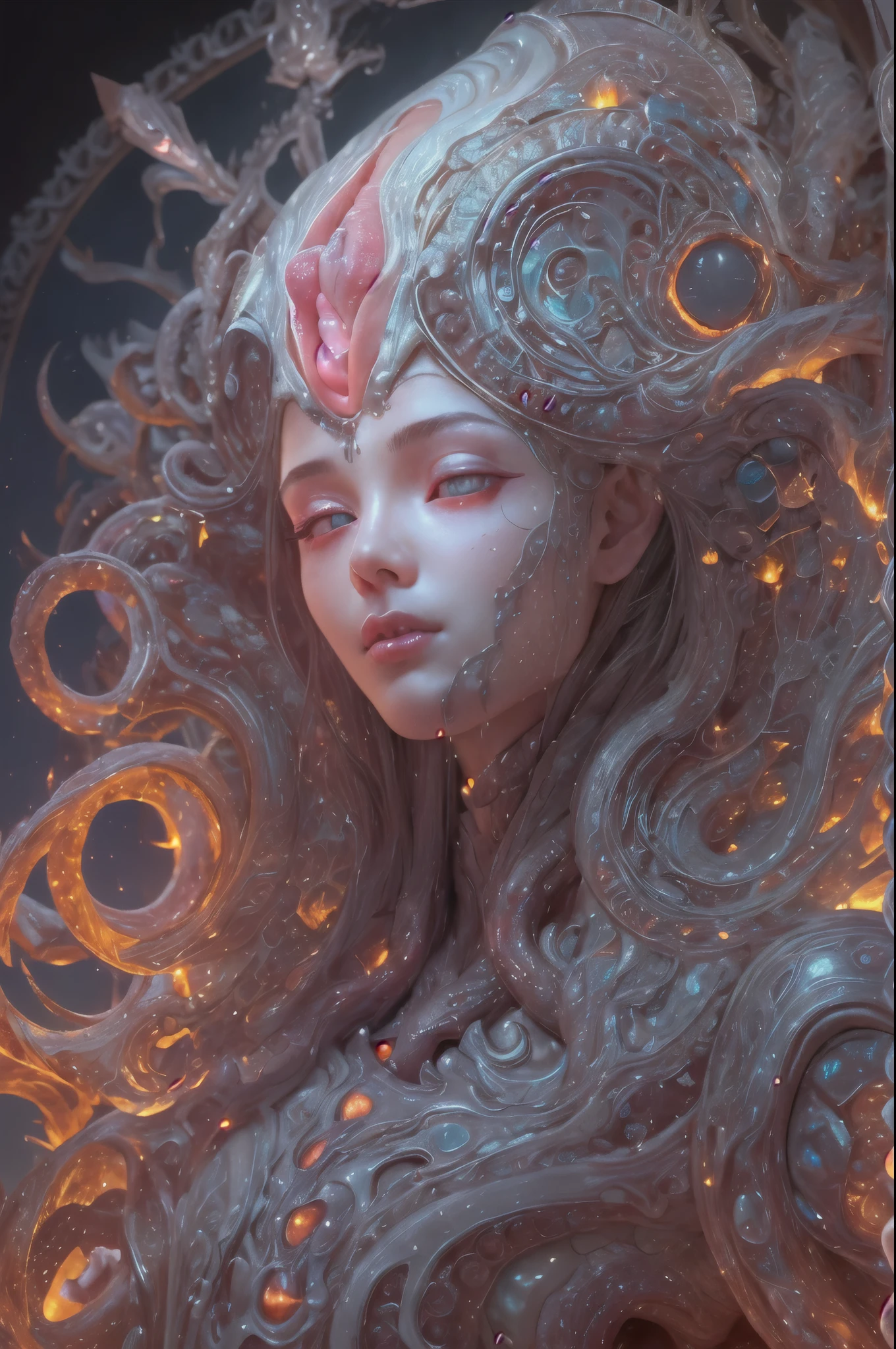 scary and sexy detailed art in color, Portrait,((sexy female ornate princess)), (with white long flowing hair), (bright beautiful eyes), trending on artstation, tentacles of beautiy by Jean-Honor Fragonard, Peter mohrbacher, hyper detailed, insane details, stunning, intricate, elite, art nouveau, ornate, liquid wax, elegant, luxury, Greg Rutkowski, ink style, sticker, vector-art beautiful character design, double exposure shot, luminous design, award winning, masterpiece, amoled black background, (There is a female genital-like organ in the middle of the forehead:1.9),  (expression of ecstasy:1.6) , in the dark, she has snake-like eyes