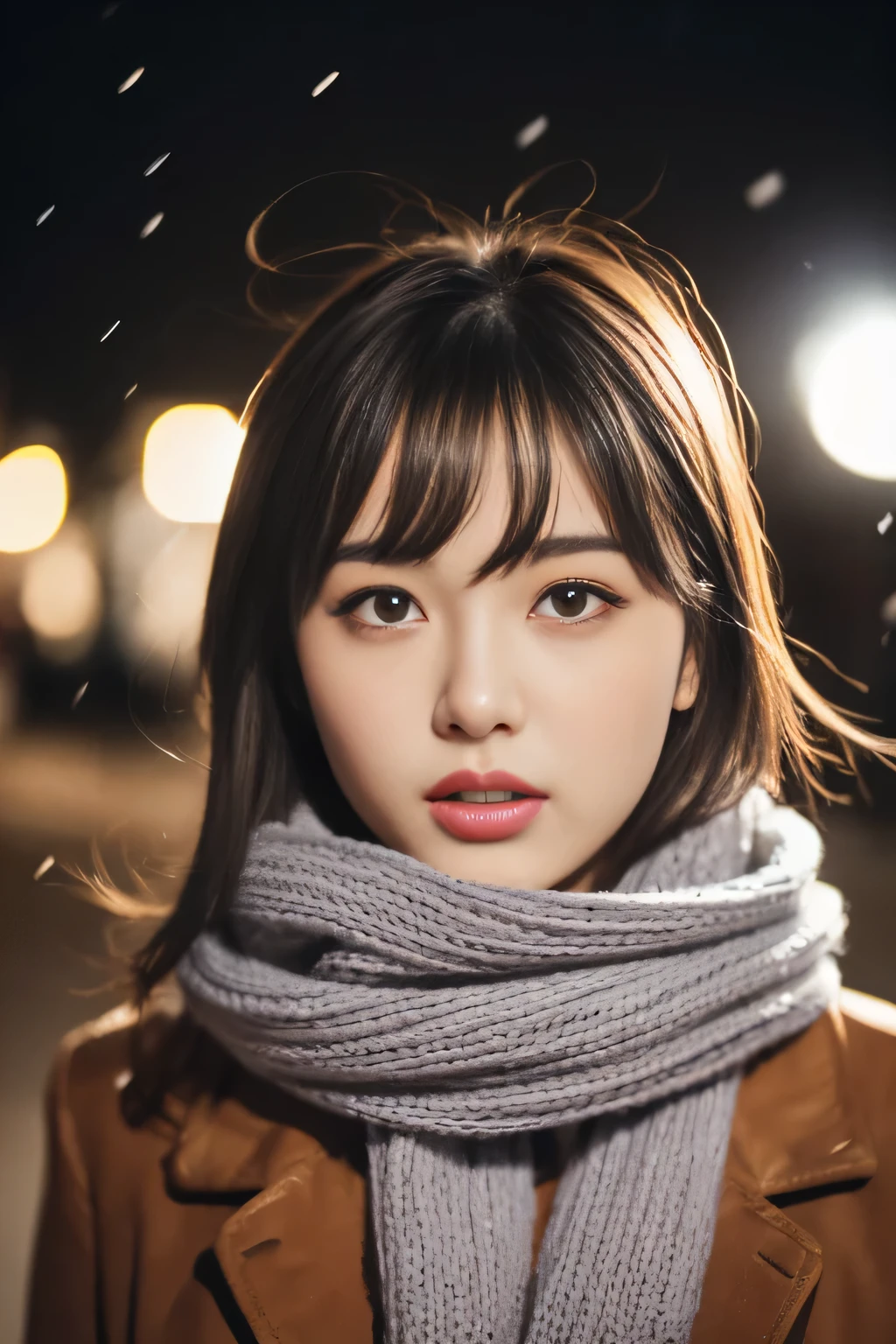 ((no makeup、close your mouth:1.2))、(realistic、Photoreal、Super detailed、best detailed skins、highest quality、masterpiece、ultra high resolution)、cute japanese woman、17 years old、high school girl、young girl、1 girl、have bangs、double eyelid、drooling eyes、Japanese style face、purity、double teeth、realistic肌タイプ、thick muffler、Grey muffler、fluffy hair、((hair is inside the scarf:1.3))、red cheeks、the wind is blowing、that&#39;It&#39;s snowing、night、illumination、Light is coming in from behind