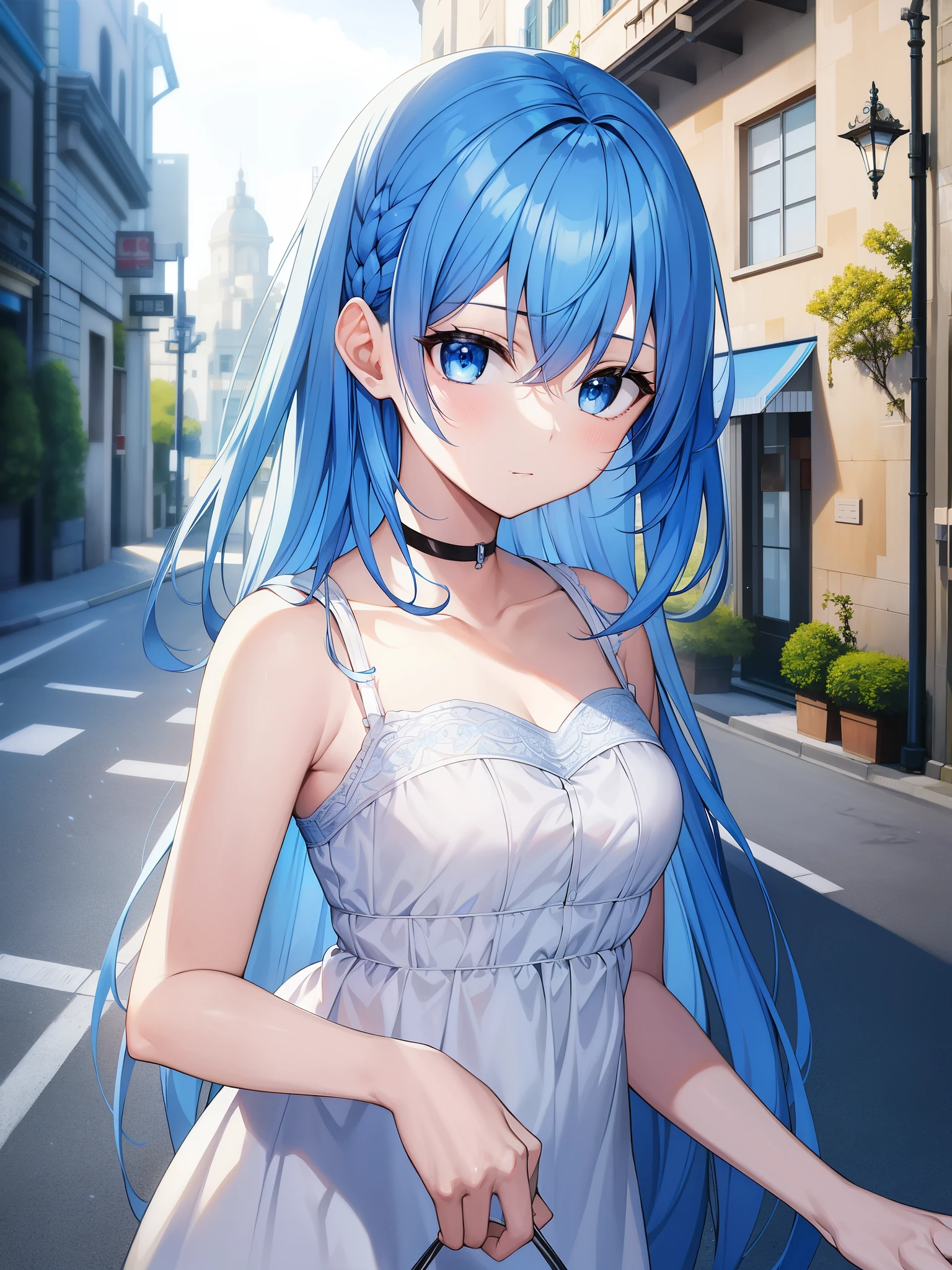 highest quality、masterpiece、blue hair、blue eyes、street、street light、Upper body