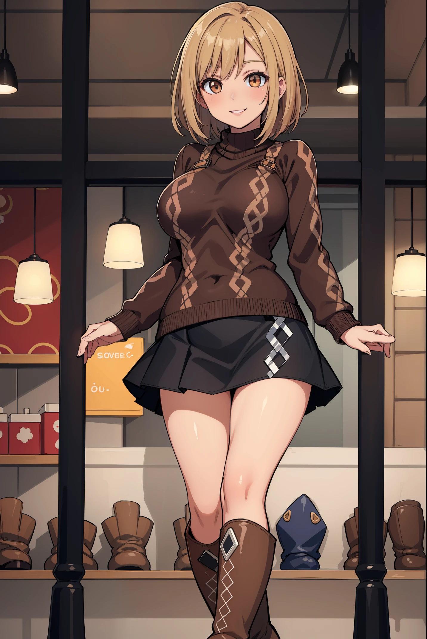 from below:1.3,front focus:1.5,8k wallpaper, table top, highest quality, figure, looking at the viewer, cowboy shot,perfect anatomy,(1 female:1.5), alone, 24-years-old,BREAK(blond short hair),(orange-eyes),Happy Smile,big breasts, rocket bit,BREAK(lover lover (Argyle pattern) knit brown-sweater:1.46),BREAK (Beautiful leg line in a black miniskirt:1.4), skirt lift:1.4,BREAK(brown Long boots that accentuate the legs:1.56),BREAK((sunny shopping street)), (Twilight Settings:1.3), (soft, warm lighting:1.3),(navel exposed:0.8)