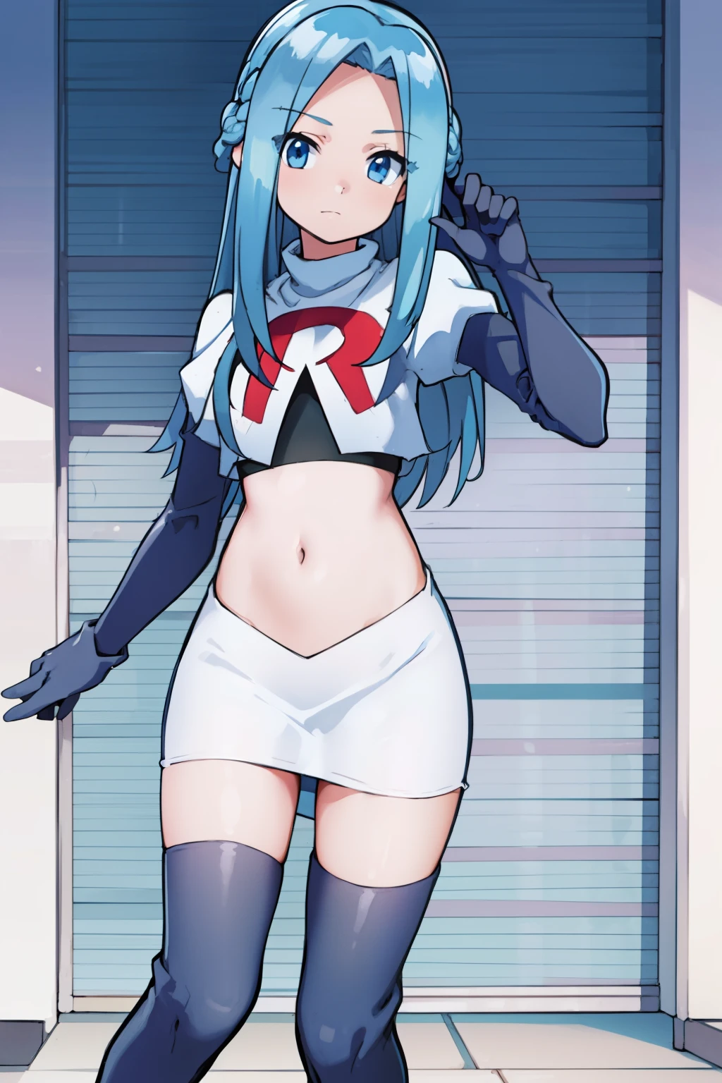 masterpiece, best quality, 1girl, solo, looking at viewer, , depth of field, (watercolor illustration, soft pastel colors:1.1), , olivia_servant, blue hair, blue eyes, team rocket,team rocket uniform,white skirt,red letter R,crop top,black thigh-highs,black elbow gloves,