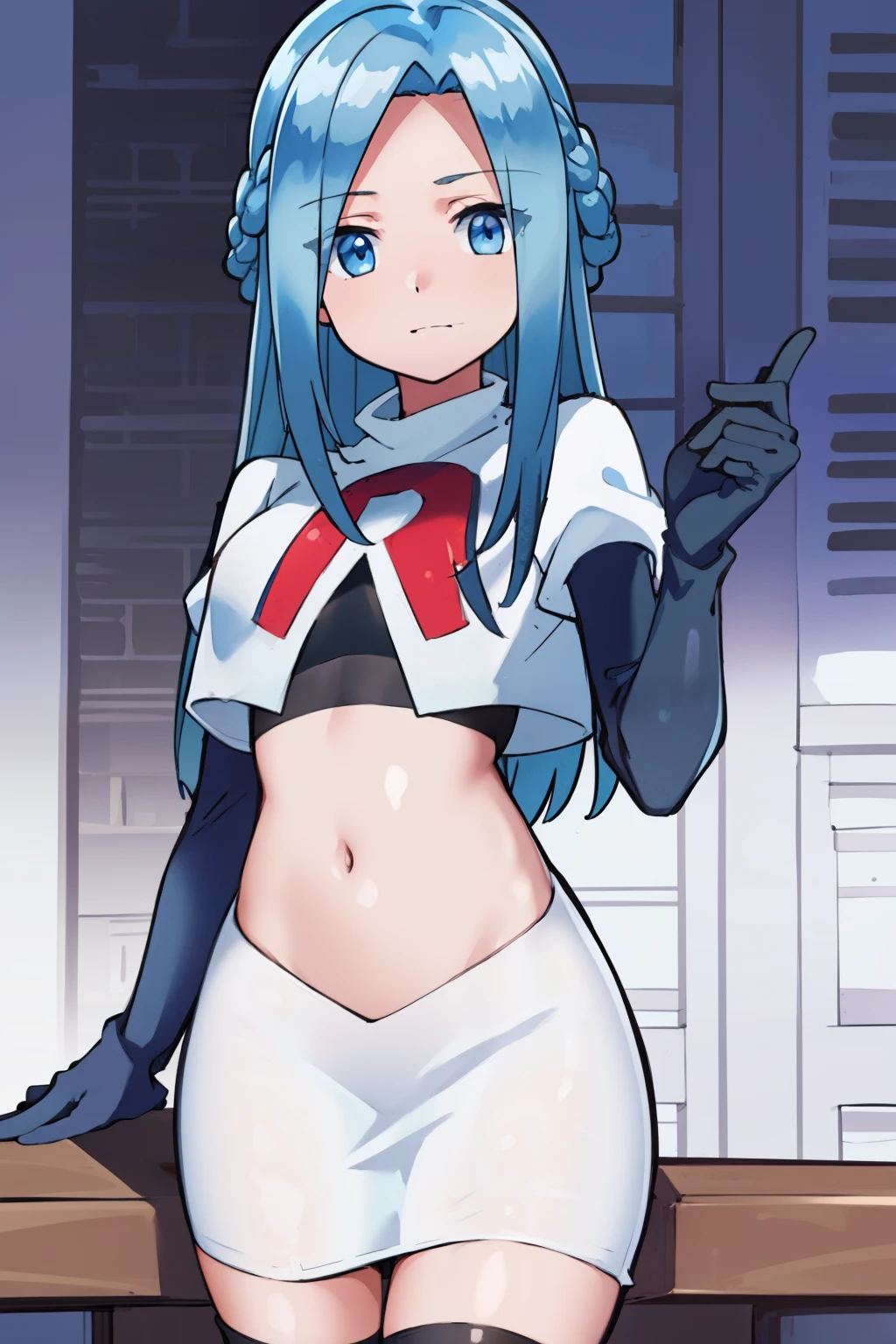 masterpiece, best quality, 1girl, solo, looking at viewer, , depth of field, (watercolor illustration, soft pastel colors:1.1), , olivia_servant, blue hair, blue eyes, team rocket,team rocket uniform,white skirt,red letter R,crop top,black thigh-highs,black elbow gloves,