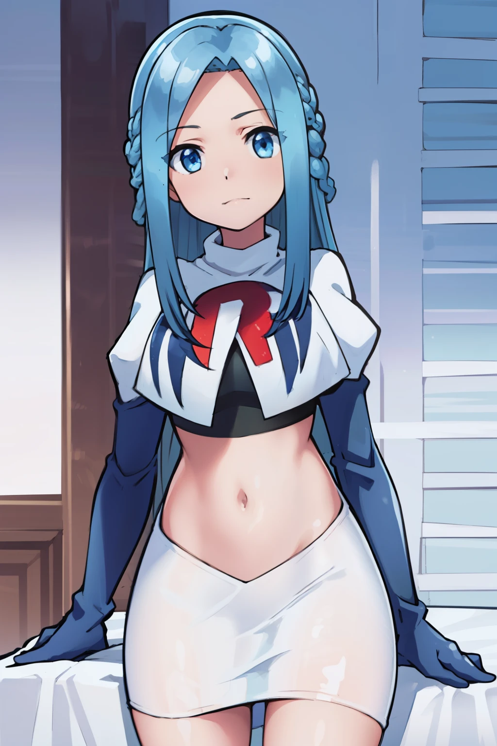 masterpiece, best quality, 1girl, solo, looking at viewer, , depth of field, (watercolor illustration, soft pastel colors:1.1), , olivia_servant, blue hair, blue eyes, team rocket,team rocket uniform,white skirt,red letter R,crop top,black thigh-highs,black elbow gloves,