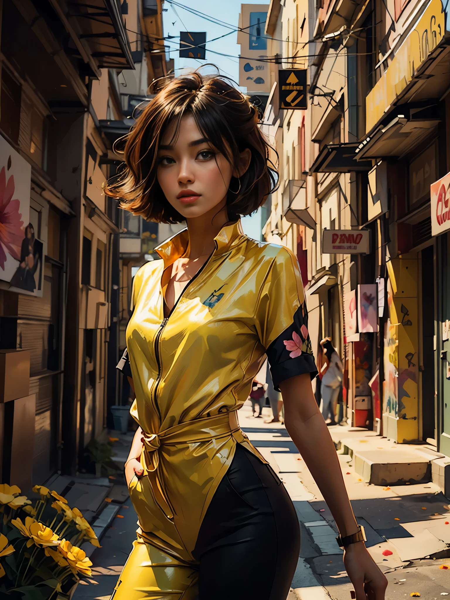 full body photo, digital illustration, comic style, perfect anatomy, centered, approaching perfection, dynamic, highly detailed, watercolor painting, artstation, concept art, smooth, sharp focus, illustration, alone anime girl with a medium length pose, Bruce Lee yellow jumpsuit with black stripes, short pastel hair with hime cut and bangs, perfect anatomy, centered, smeglejonesjj, approaching perfection, dynamic, highly detailed, lightningwave, trending on artstation, 8k, masterpiece, graffiti paint, fine detail, full of color, intricate detail, golden ratio illustration, monochromatic green background, masterpiece, high resolution fix, bright amazing lighting, ((solo)), ( detailed eyes and detailed face:1.3), (beautiful and clear background:1.2), (extremely detailed, ultra-detailed, best shadow:1.1), flowers and petals, (extremely fine and beautiful girl:1.1), (perfect details:1.1) fantastic paintings graffiti style, black with straight hair and flowers, black relief around the design, fine detail, expressive, dark contrast, --ar 16:9 --q 2 --s 500 --v 5.1 --style raw --c 100