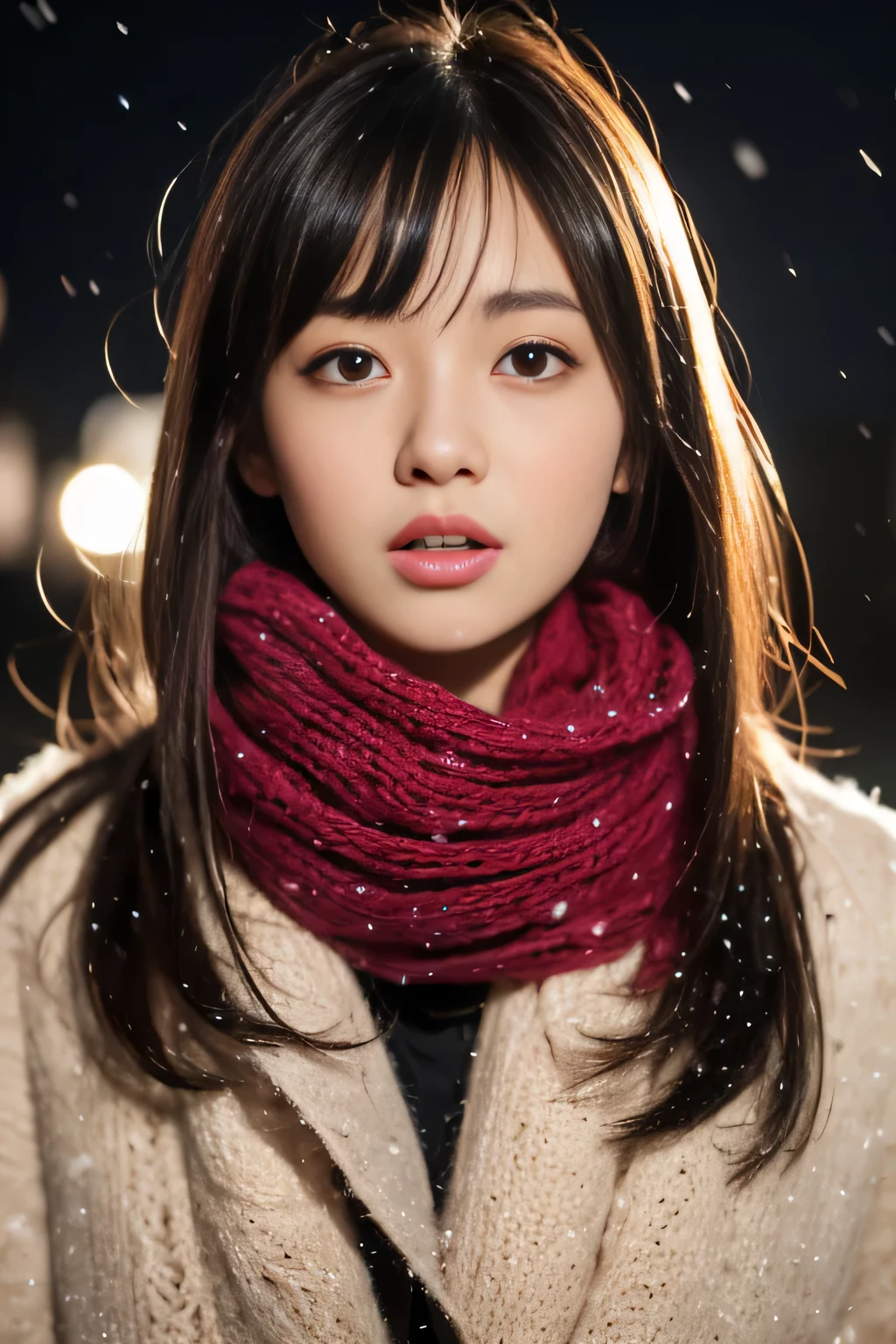 ((no makeup、close your mouth:1.2))、(realistic、Photoreal、Super detailed、best detailed skins、highest quality、masterpiece、ultra high resolution)、cute japanese woman、17 years old、high school girl、young girl、1 girl、have bangs、double eyelid、drooling eyes、Japanese style face、purity、double teeth、realistic肌タイプ、thick muffler、Grey muffler、fluffy hair、((hair is inside the scarf:1.3))、red cheeks、the wind is blowing、that'It's snowing、night、illumination、Light is coming in from behind