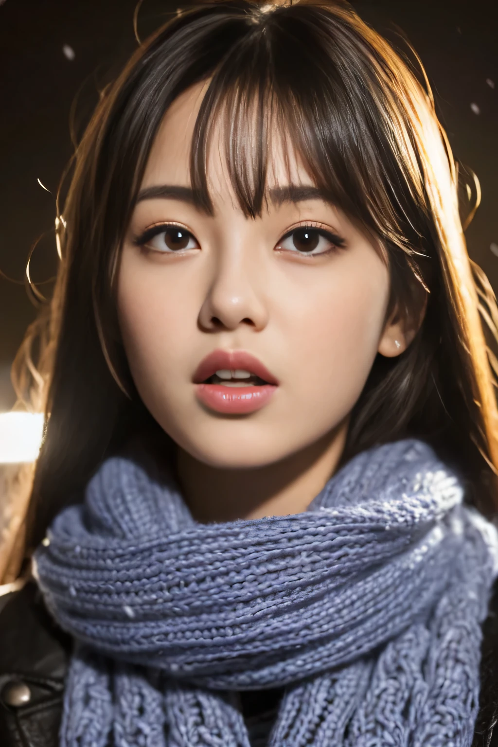 ((no makeup、close your mouth:1.2))、(realistic、Photoreal、Super detailed、best detailed skins、highest quality、masterpiece、ultra high resolution)、cute japanese woman、17 years old、high school girl、young girl、1 girl、have bangs、double eyelid、drooling eyes、Japanese style face、purity、double teeth、realistic肌タイプ、thick muffler、Grey muffler、fluffy hair、((hair is inside the scarf:1.3))、red cheeks、the wind is blowing、that&#39;It&#39;s snowing、night、illumination、Light is coming in from behind