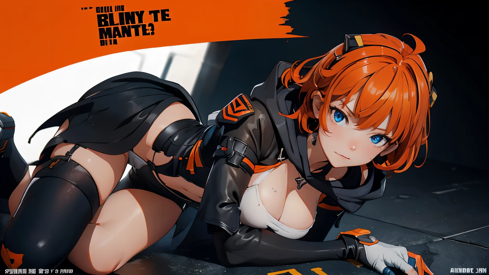 The alone young girl , High detail mature face, Orange Short Hair , Blue Eye , Exposed Chest , Black Cloak , White Chest Binder , White Hood ,Short Skirt , Gloves, Left Leg Knee Sock , Boots, high res, ultra sharp, hold a sniper rifle , Lie down on the ground , Sexy Pose ,The background  dark and gritty，There  a sense of danger and a strong feeling。The text  bold and eye-catching，With catchy slogans，Adds to the overall drama and excitement。The color palette  dominated by dark colors，Dotted with bright colorake the poster dynamic and visually strikinagazines:1.3), (Cover-style:1.3), Fashion, vibrant, Outfit, posing on a, Front, rich colorful，Background with，element in，self-assured，Expressing the，halter，statement，Attachment，A majestic，coil，Runt，Touching pubic area，Scenes，text，Cover of a，boldness，attention-grabbing，titleashion，typeface，，Best quality at best，Hyper-detailing，8K ，hyper HD