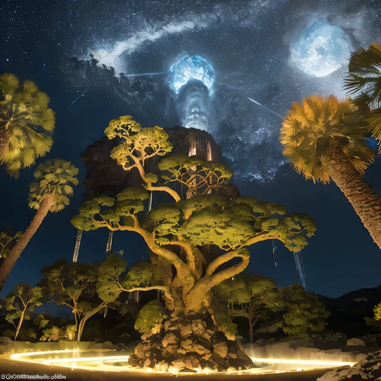 Octopus Man Hexagonal Base（Very detailed） In a hexagonal mountain oasis，There are several hexagonal exhaust fans and chimneys，some neon lights projecting from the base，light up the night），There are some clouds in the night sky，Some surrounding planets provide air to unknown planets，The most distant giant hexagonal volcanic eruption，rainforest