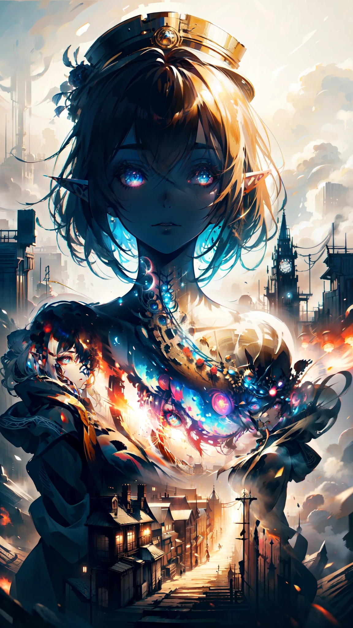 ((masterpiece )), (top quality), (best quality), ((ultra-detailed, 8k quality)), Aesthetics, Cinematic lighting, (detailed line art), Beautiful digital artwork, Exquisite digital illustration, absurdres, (best composition), 
BREAK,
Double exposure style, (Upper body of a beautifully grown adult elf woman with Bob cut white hair, wears steampunk_costume, hat in steampunk style), (A vibrant and imaginative digital painting depicting a fantasy cityscape set in a steampunk world, SteamPunkAI, CogPunkAI:1.2),  silhouette, illustration in Fantasy steampunk style by Yoji Shinkawa, detailed and intricate environment, artstation, concept art, fluid and sharp focus, by ((Mikimoto Haruhiko)),
BREAK,
highly detailed of (elf), (1girl), perfect face, details eye, Bob cut hair, Blunt bangs, (hair between eye), blonde white hair, blue eyes, eyelashes, eyeshadow, pink eyeshadow,  design art by Mikimoto Haruhiko, by Kawacy, By Yoshitaka Amano,
BREAK, 
((perfect anatomy)), nice body, medium breast, (extremely detailed finger), best hands, perfect face, beautiful face, beautiful eyes, perfect eyes, (perfect fingers), correct anatomy, 
