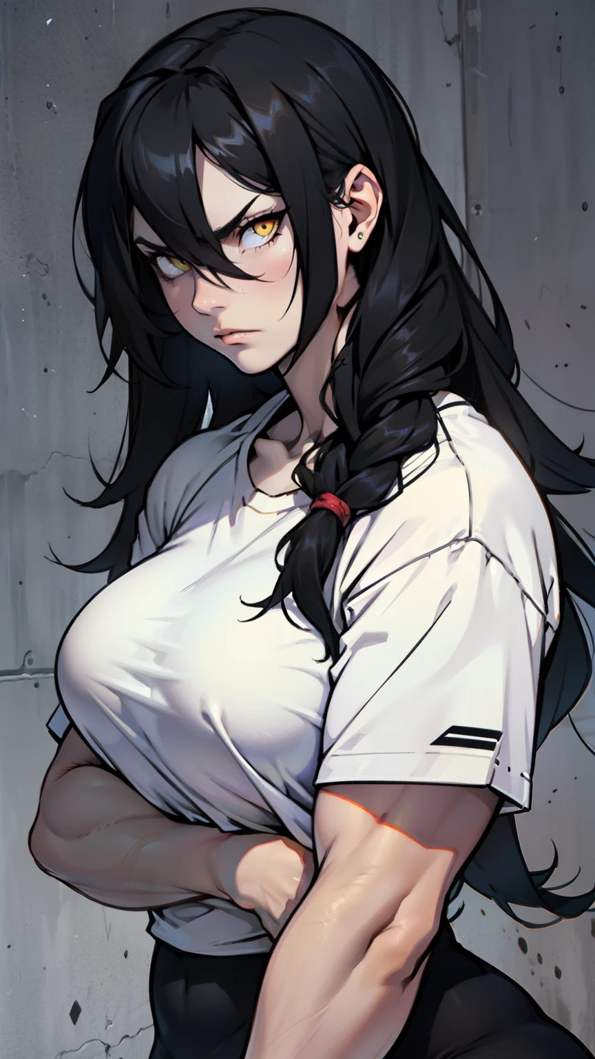 sad girl muscular muscular muscular  breastss thick hick thick black hair yellow eyes pale skin pale skin thick thick thick long sleeve dark atmosphere thick thick thick thick thick thick muscular simple background sad sad sad girl sad girl tigth shirt