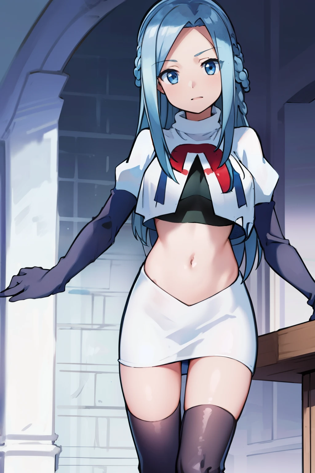 masterpiece, best quality, 1girl, solo, looking at viewer, , depth of field, (watercolor illustration, soft pastel colors:1.1), , olivia_servant, blue hair, blue eyes, team rocket,team rocket uniform,white skirt,red letter R,crop top,black thigh-highs,black elbow gloves,