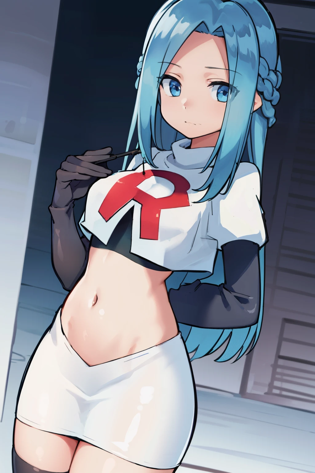 masterpiece, best quality, 1girl, solo, looking at viewer, , depth of field, (watercolor illustration, soft pastel colors:1.1), , olivia_servant, blue hair, blue eyes, team rocket,team rocket uniform,white skirt,red letter R,crop top,black thigh-highs,black elbow gloves,