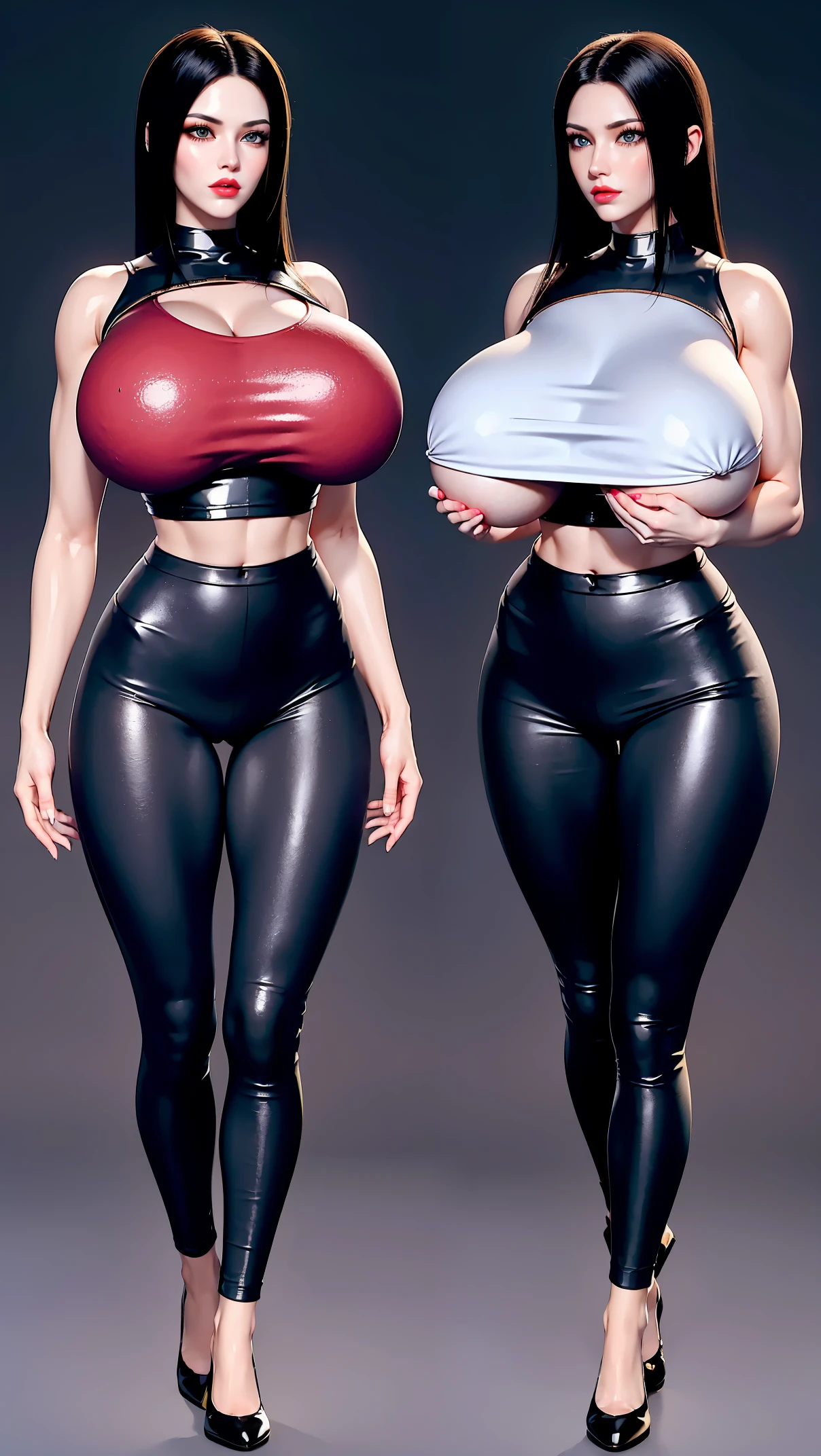 physically-based rendering, (girl alone:1.5), (muscular body,huge fake breast:1.4), street city, slim waist, big buttocks, (Full body:1.3), standing, skintight leggings, (wearing office uniform crop top:1.5).