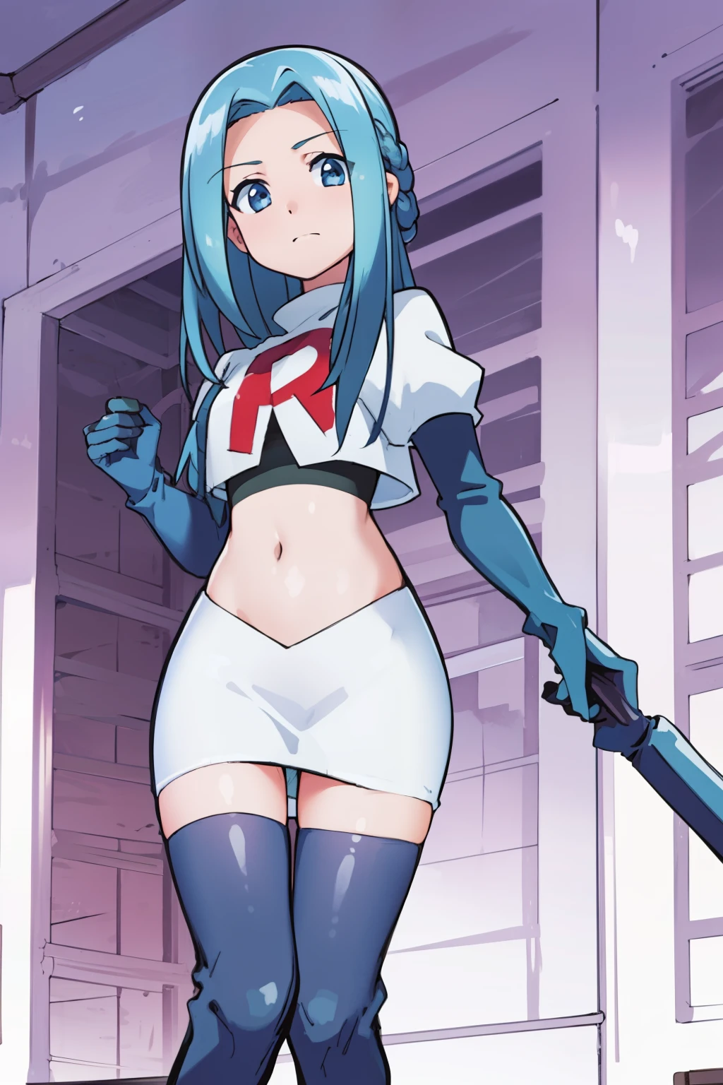 masterpiece, best quality, 1girl, solo, looking at viewer, , depth of field, (watercolor illustration, soft pastel colors:1.1), , olivia_servant, blue hair, blue eyes, team rocket,team rocket uniform,white skirt,red letter R,crop top,black thigh-highs,black elbow gloves,