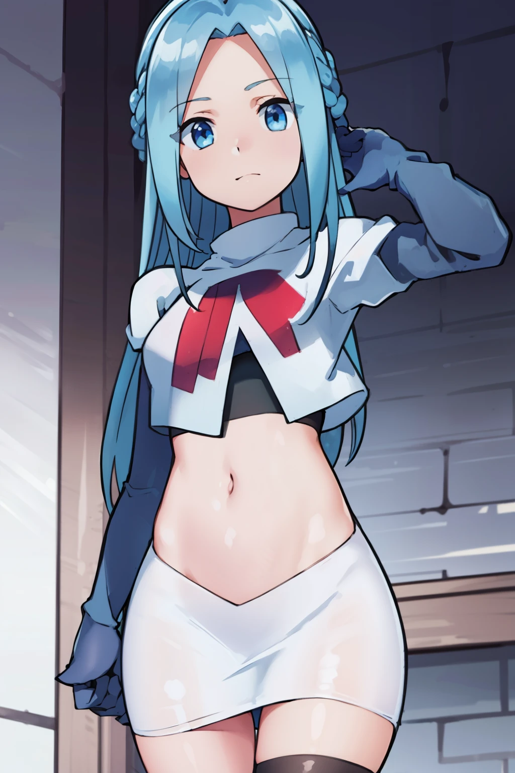 masterpiece, best quality, 1girl, solo, looking at viewer, , depth of field, (watercolor illustration, soft pastel colors:1.1), , olivia_servant, blue hair, blue eyes, team rocket,team rocket uniform,white skirt,red letter R,crop top,black thigh-highs,black elbow gloves,