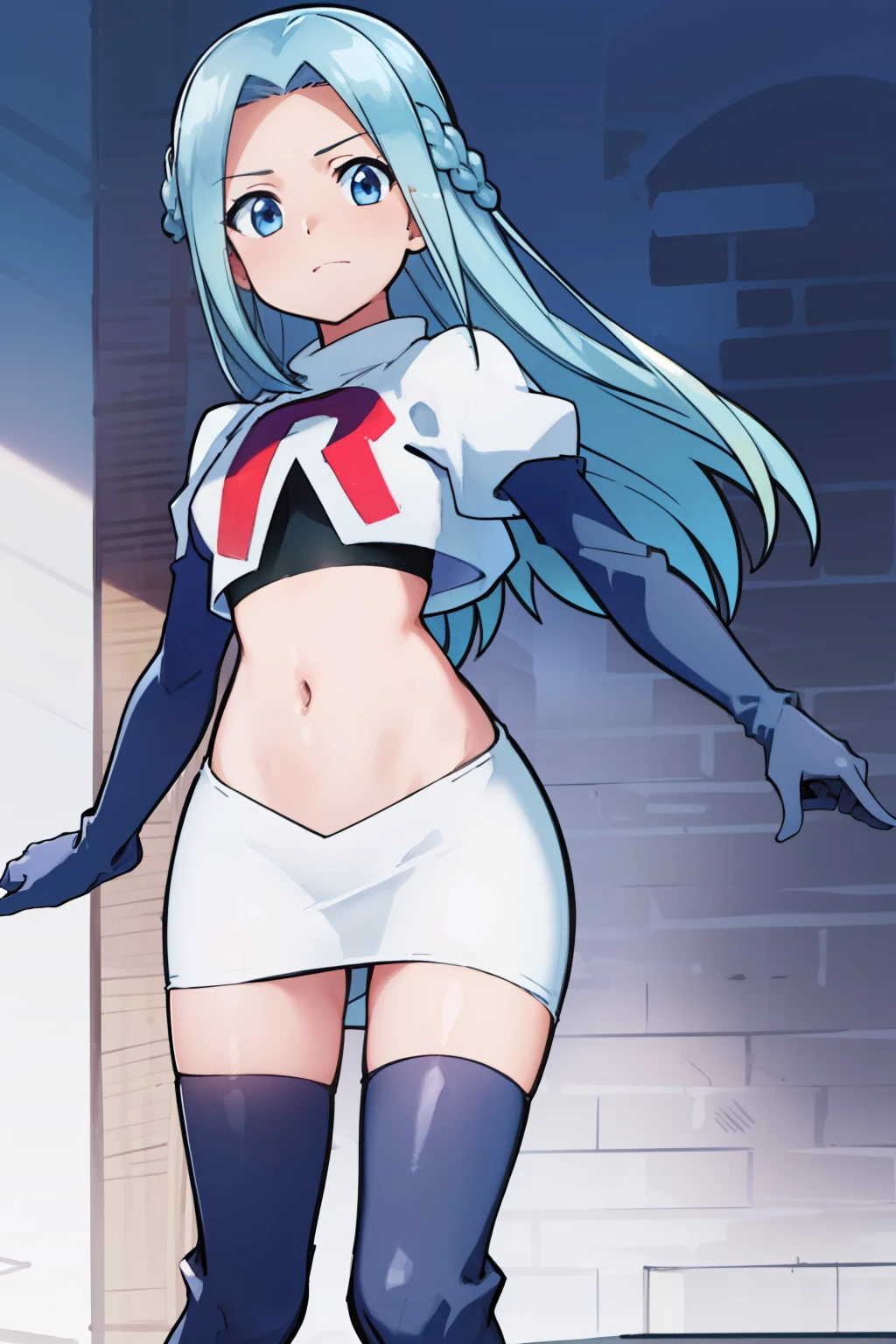 masterpiece, best quality, 1girl, solo, looking at viewer, , depth of field, (watercolor illustration, soft pastel colors:1.1), , olivia_servant, blue hair, blue eyes, team rocket,team rocket uniform,white skirt,red letter R,crop top,black thigh-highs,black elbow gloves,