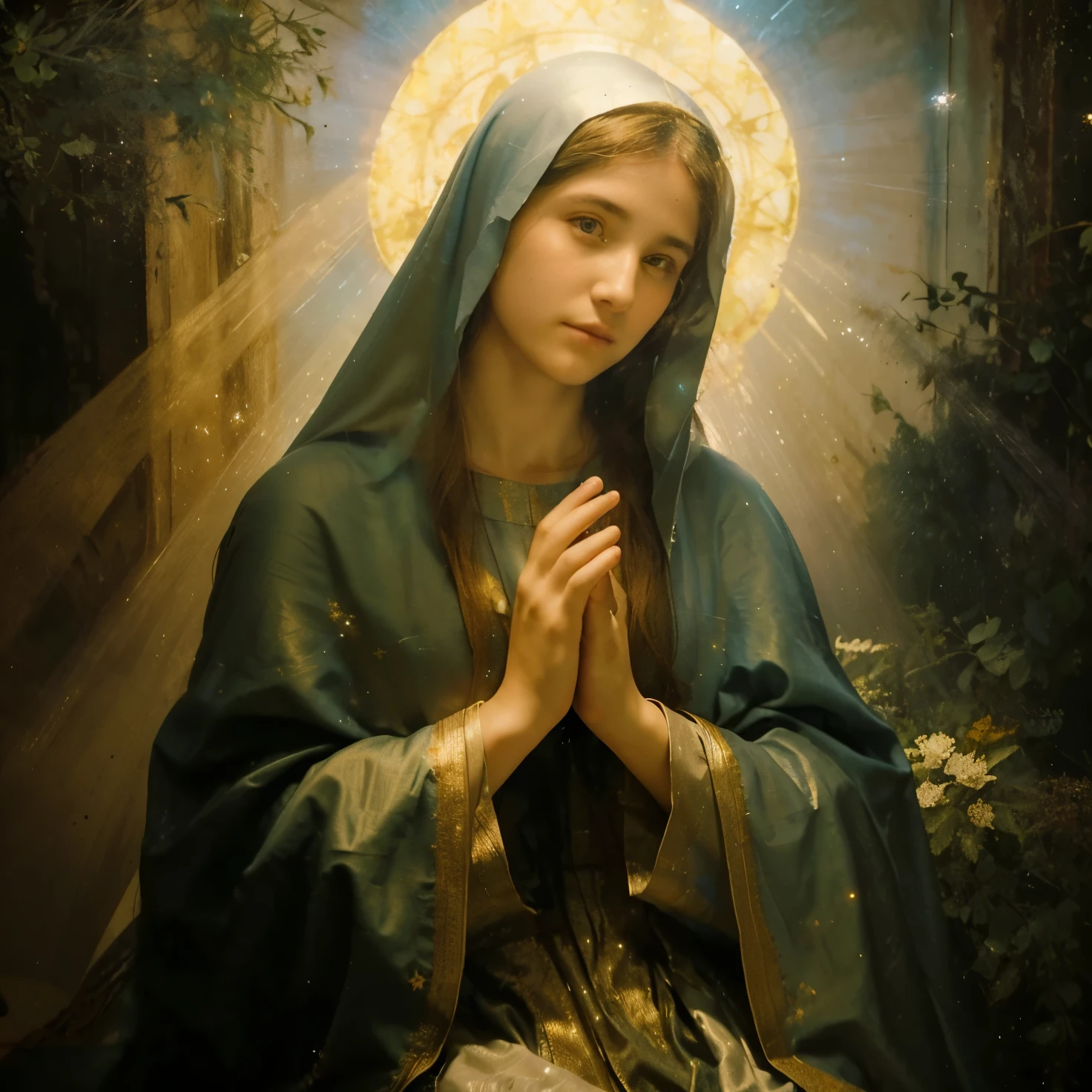 (((Blessed Virgin Mary of LOURDES. 17 years old. IN CUSTOM METALLIC COLORS maya blue))) luminoso, obra maestra, (Mejor calidad: 1.2), (super fine: 1.2), illustration, (extremadamente delicado y hermoso: 1.2), movie angle, flotante, (Hermoso detalle ojo: 1.1), (detalle de luz: 1.1), Movie Lights, Cielo delicado, ojos azules, (cola de caballo alta: 1. 1), capa, Ojeteador, cielo estrellado, (light particles: 1.1) Dibujo, flor. (obra maestra), (Mejor calidad), (fotorrealista:1.3), 8k, textura de piel detallada, Textura de tela detallada, hermoso rostro detallado, detalles intrincados, ultra detallado (Cuerpo completo:1.2)
Traducido con DeepL.con (Free version)