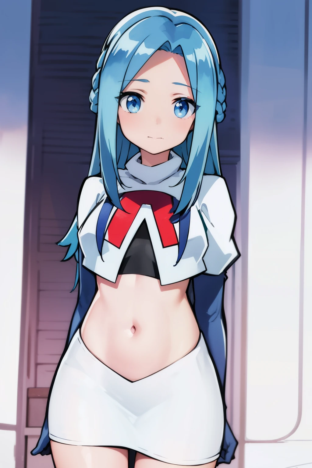 8k, Mastepiece, anime, HD, Ultra High Resolution, Top Quality, character, vtuber, detailed skin texture, detailed face, emphasis on waist, straight body, standing inside the shower, nsfw, looking at viewer, facing toward to the viewer, blush, open mouth, smile, (((nude))), blue hair