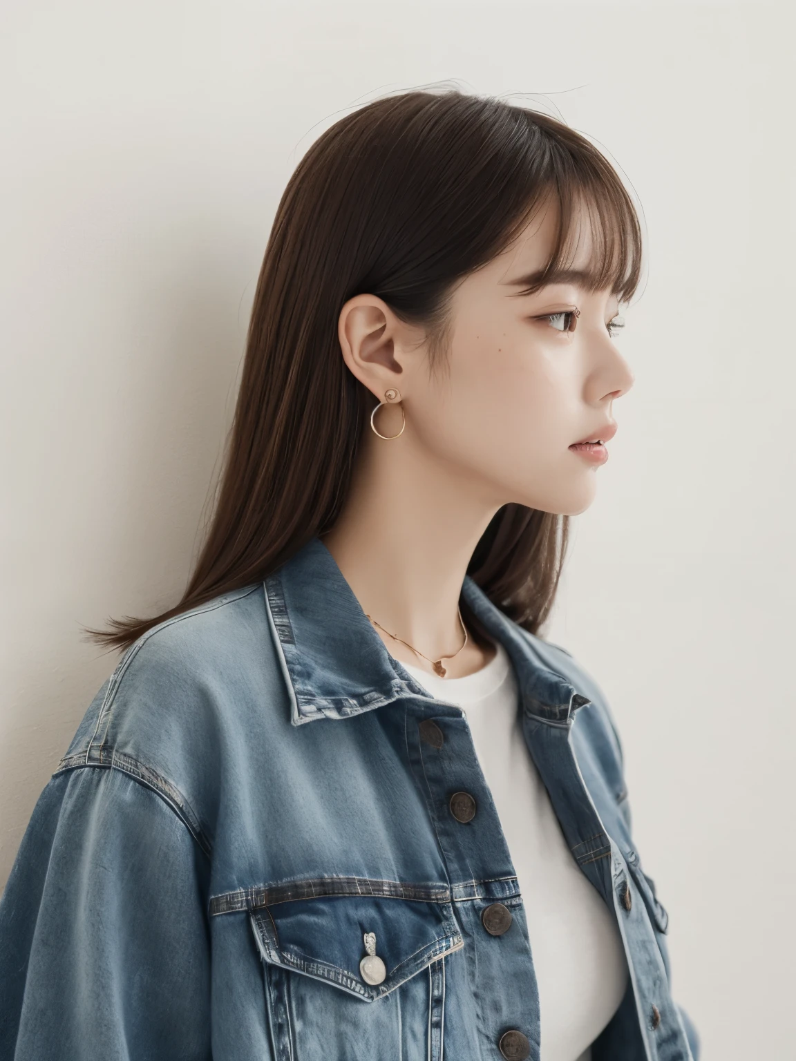 highest quality:1.3、masterpiece、High resolution、［1 girl］、｛solo｝、RAW photo、real person、Photo of a seductive woman with a loose style of brown hair, pose in the room, boredom, mascara, ,(rough skin, skin pores:1.1), (mole:0.8), (imperfect skin:1.1) intricate details, I get goosebumps, perfect face, (freckles:0.9), ((Photoreal):1.1), (immature, 8K:1.2), Cloudy, calm colors,、fine skin、Japanese、thin bunches of bangs、beaver、whole body、denim jackets、White T-shirt underneath、catch light、earrings、necklace、white wall、Upper body、((profile))、Landscape、Don't look at the camera
