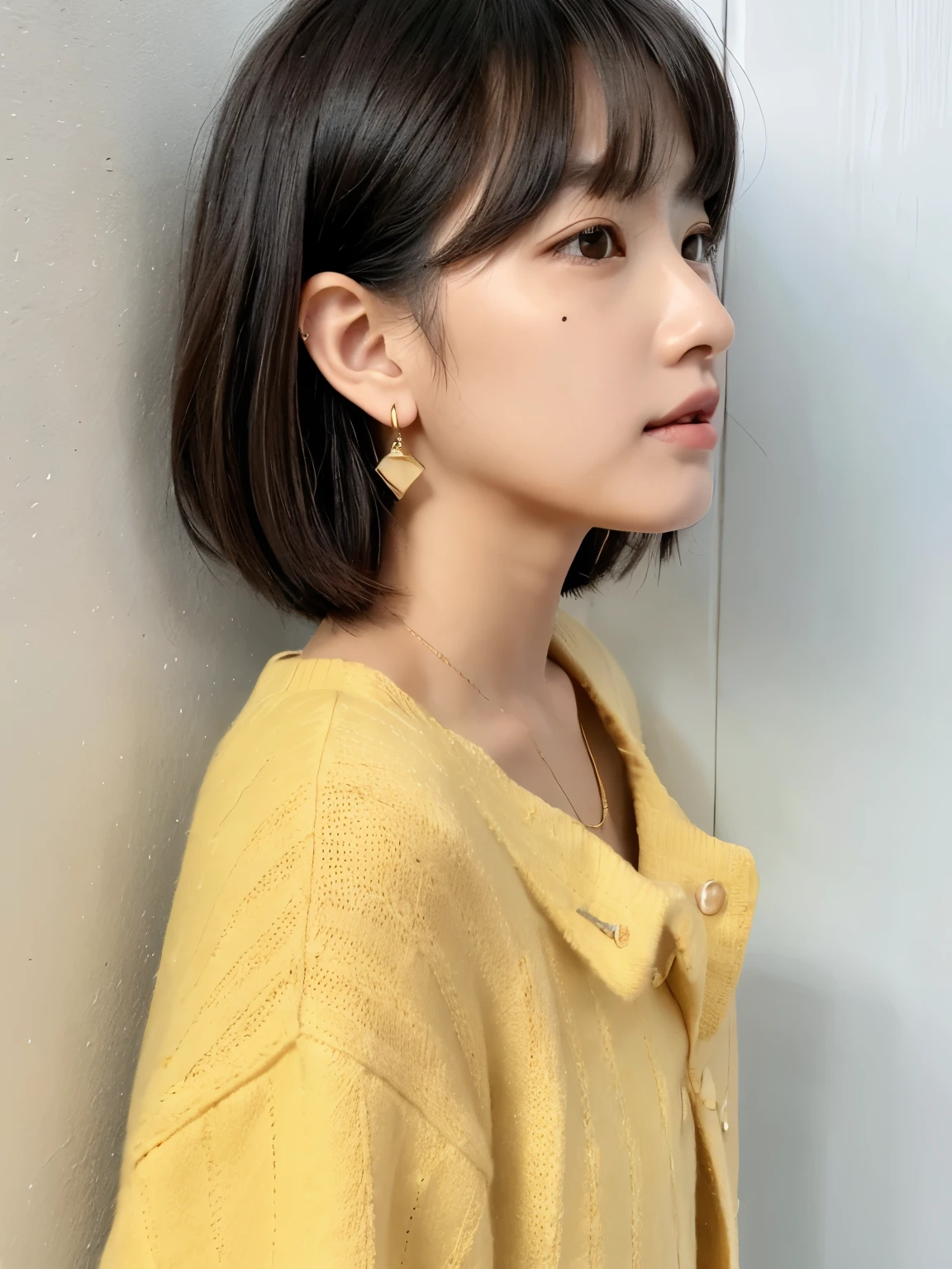 highest quality:1.3、masterpiece、High resolution、［1 girl］、｛solo｝、RAW photo、real person、Photo of a seductive woman with a loose style of brown hair ,(rough skin, skin pores:1.1),  (imperfect skin:1.1) , (freckles:0.9), ((Photoreal):1.1), (immature, 8K:1.2), calm colors,、fine skin、Japanese、thin bunches of bangs、denim jackets、White T-shirt underneath、earrings、necklace、Upper body、Taken in front of the white door、(white wall room with window)、Versatile poses、Winter clothes、シンプルnecklace、Don't look at the camera、long bob、((profile))、normal and detailed eyes、Dark brown eyes、earrings、(yellow pastel clothes)、medium hair