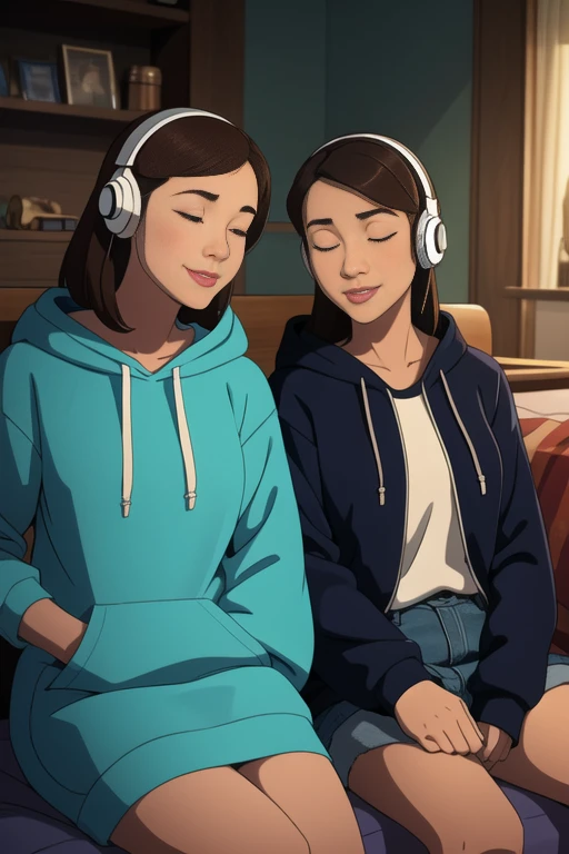 masterpiece, realistic, photography, best quality, 4k utral detailed, closed eyes, detailed eyelashes, two women listening to music, wearing headphones, sharing, relationship, relaxed face, smiling, looking at each other, wearing hoodies, inside, bedroom, sitting next to each other, side by side, long brown hair