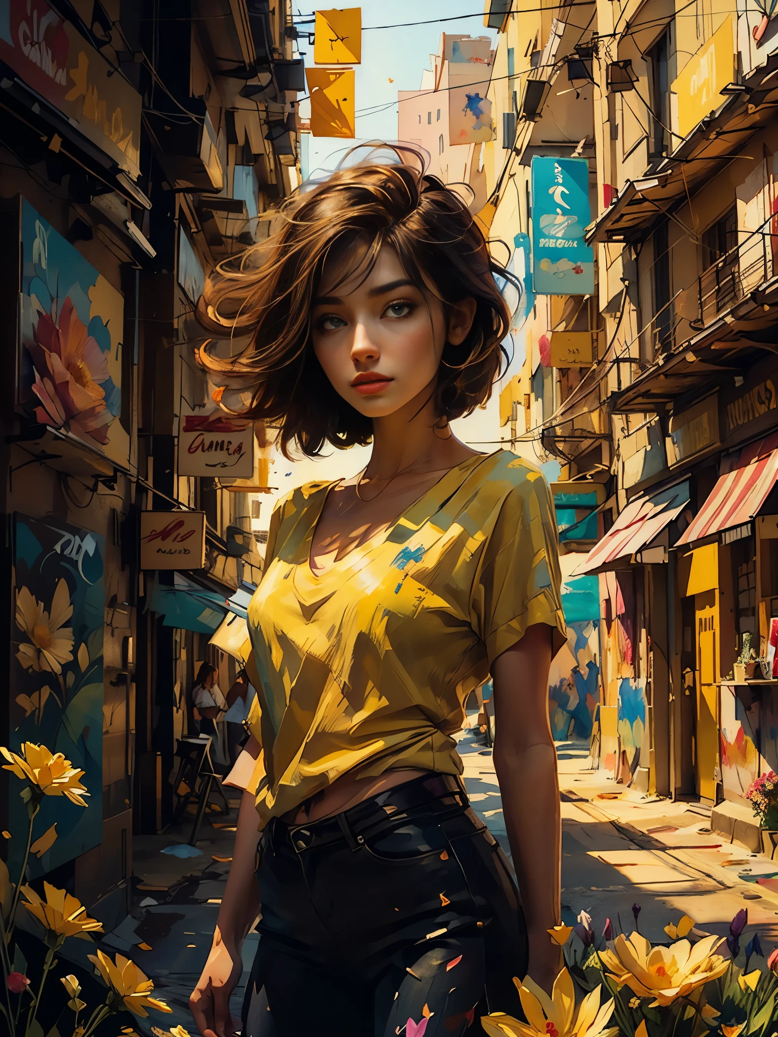 full body photo, digital illustration, comic style, perfect anatomy, centered, approaching perfection, dynamic, highly detailed, watercolor painting, artstation, concept art, smooth, sharp focus, illustration, alone anime girl with a medium length pose, cute yellow top with black stripes, short pastel hair with hime cut and bangs, perfect anatomy, centered, smeglejonesjj, approaching perfection, dynamic, highly detailed, lightningwave, trending on artstation, 8k, masterpiece, graffiti paint, fine detail, full of color, intricate detail, golden ratio illustration, monochromatic green background, masterpiece, high resolution fix, bright amazing lighting, ((solo)), ( detailed eyes and detailed face:1.3), (beautiful and clear background:1.2), (extremely detailed, ultra-detailed, best shadow:1.1), flowers and petals, (extremely fine and beautiful girl:1.1), (perfect details:1.1) fantastic paintings graffiti style,  black with straight hair and flowers, black relief around the design, fine detail, expressive, dark contrast, --ar 16:9 --q 2 --s 500 --v 5.1 --style raw --c 100